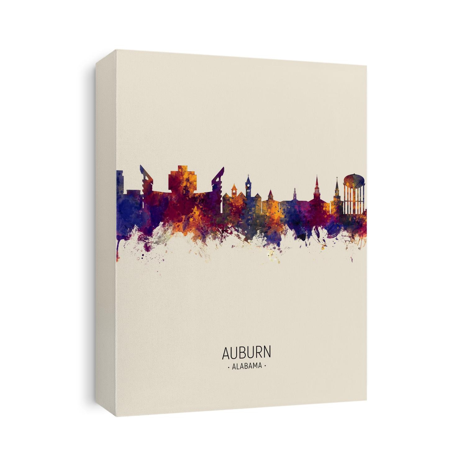 Watercolor art print of the skyline of Auburn, Alabama