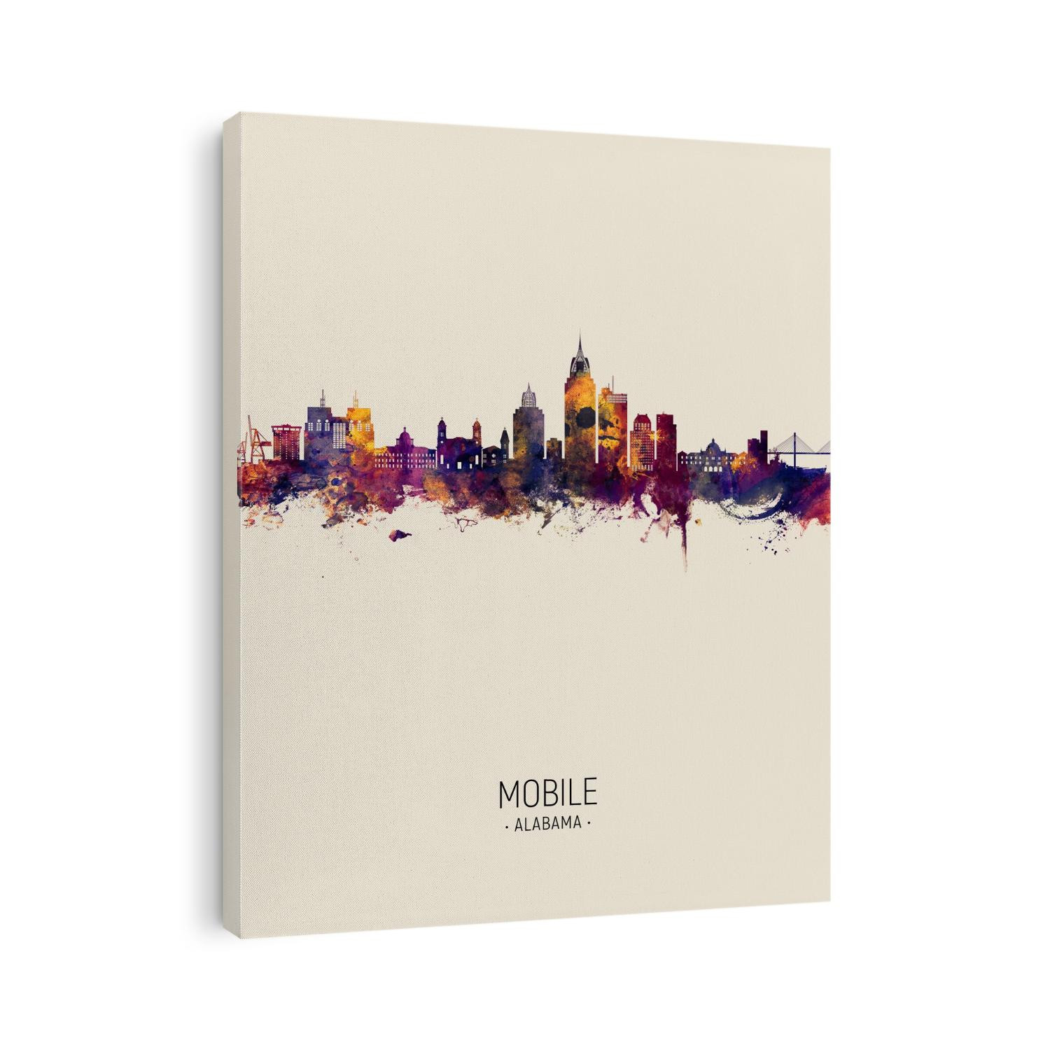 Watercolor art print of the skyline of Mobile, Alabama