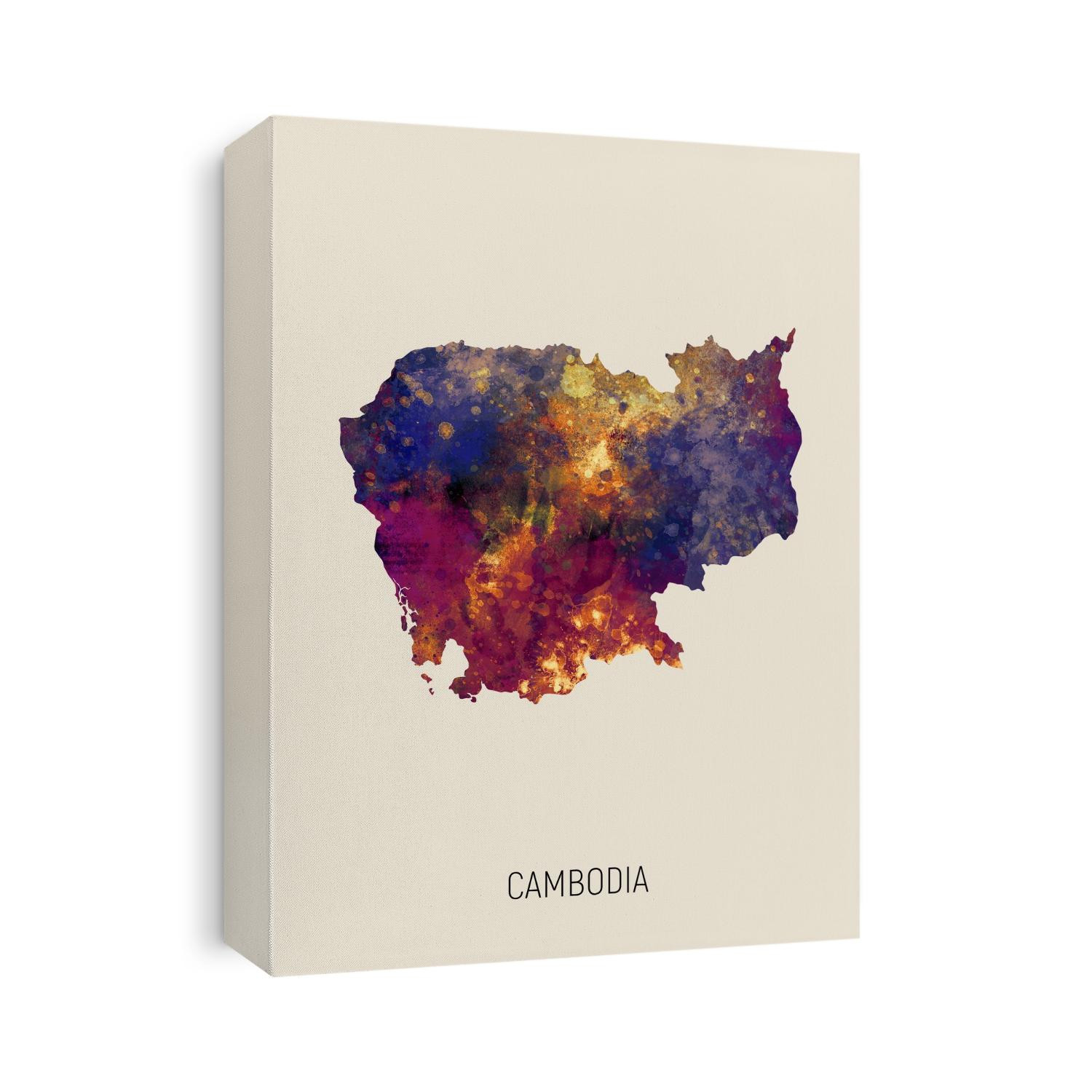 A watercolor map of Cambodia