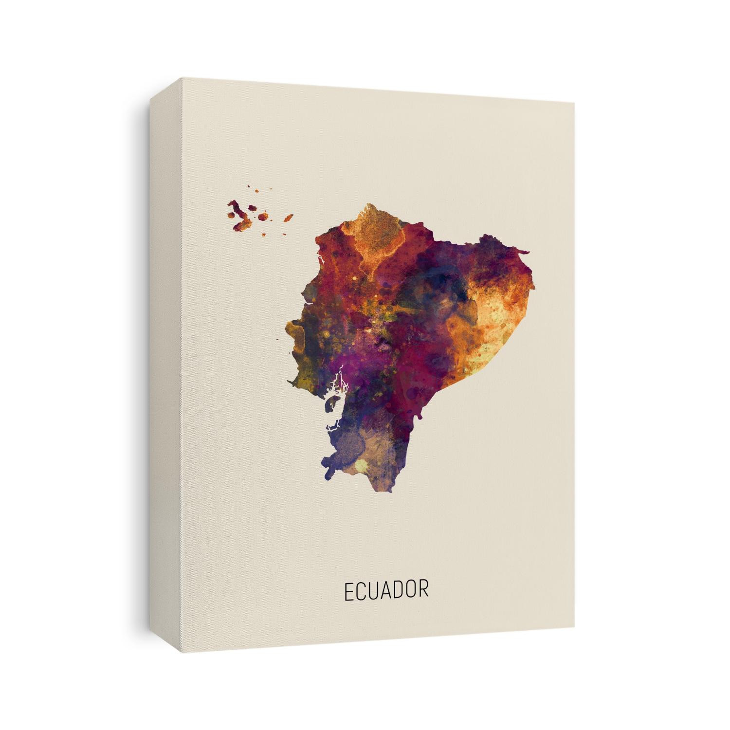 A watercolor map of Ecuador