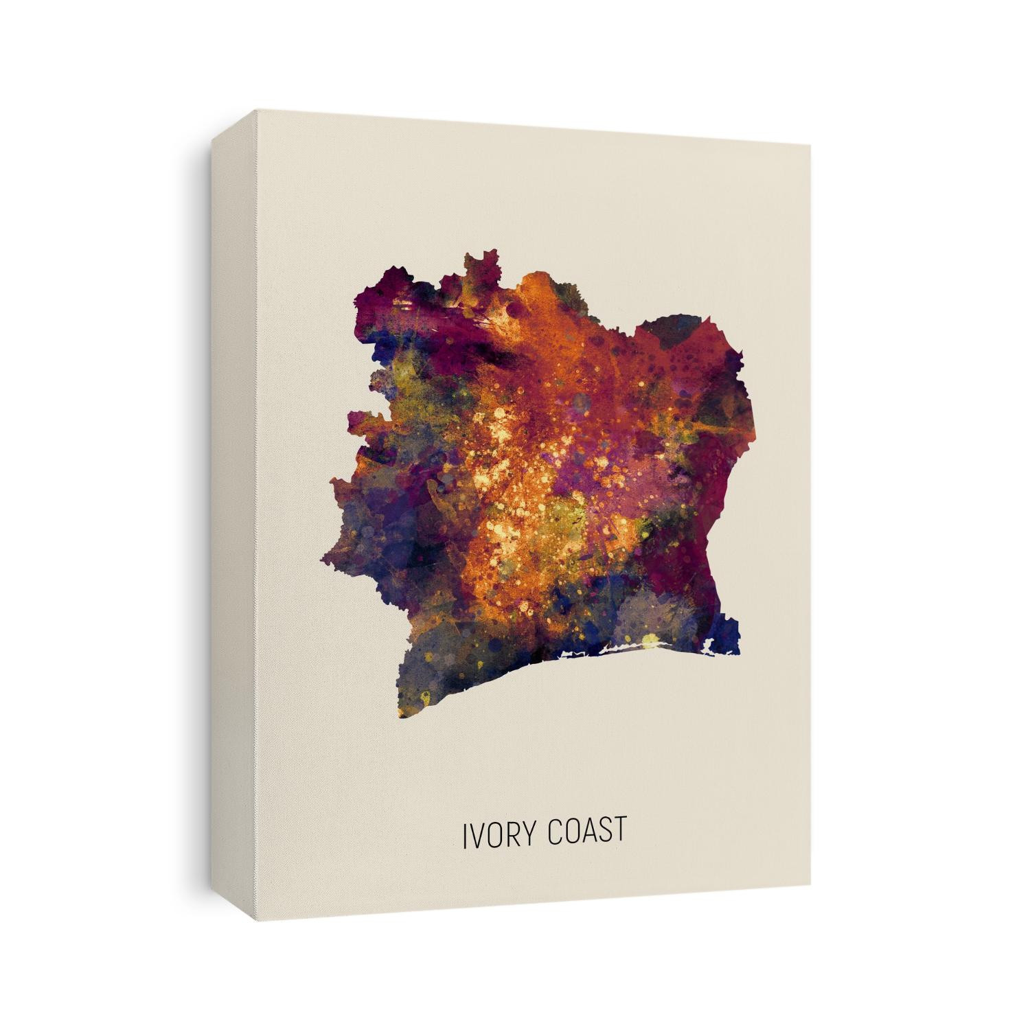 A watercolor map of Ivory Coast