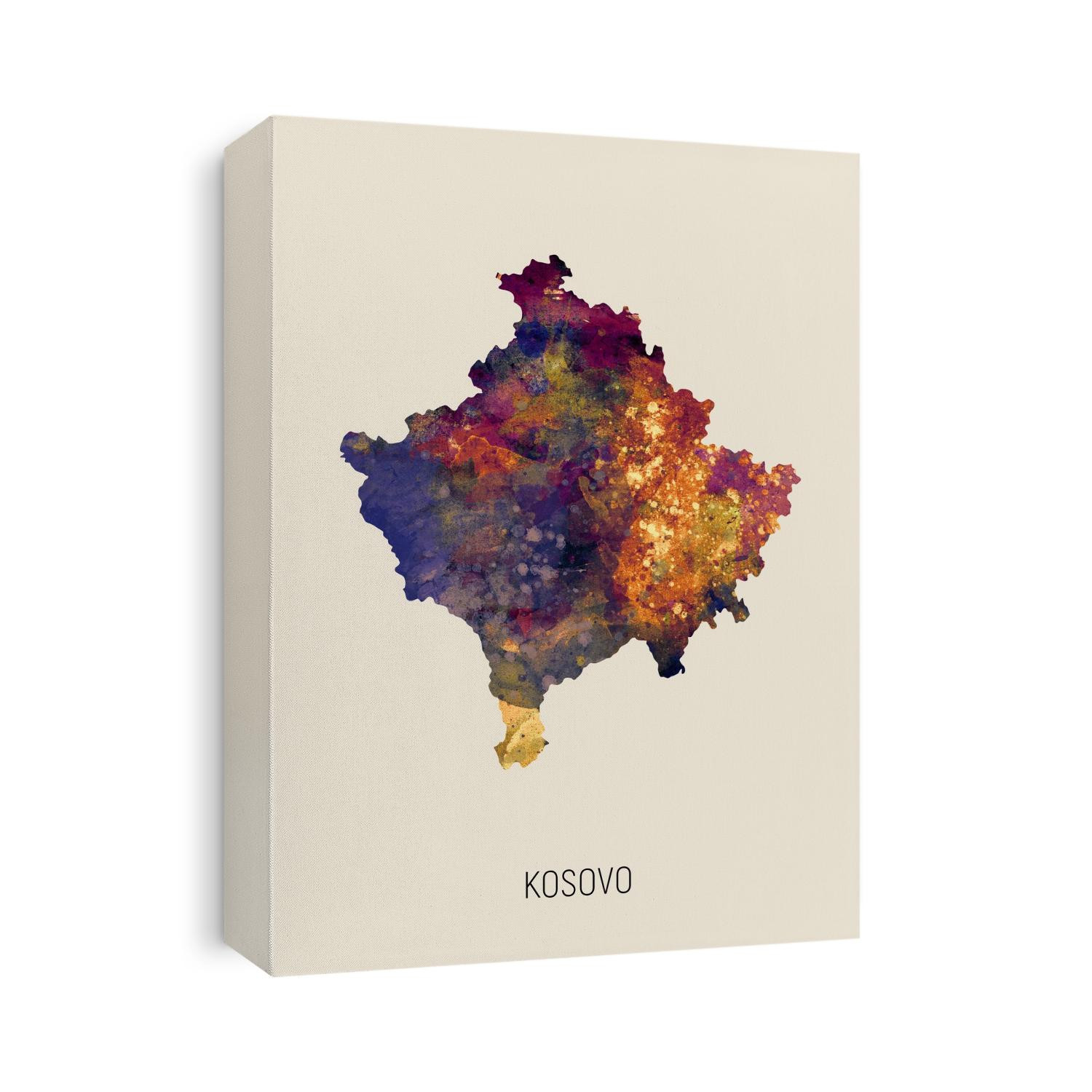 A watercolor map of Kosovo