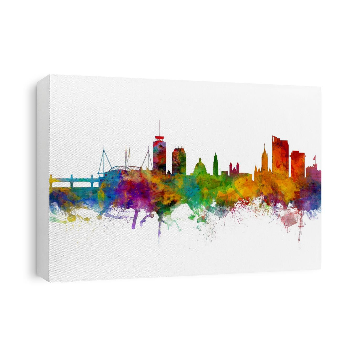 Watercolor art print of the skyline of Cardiff, Wales, United Kingdom
