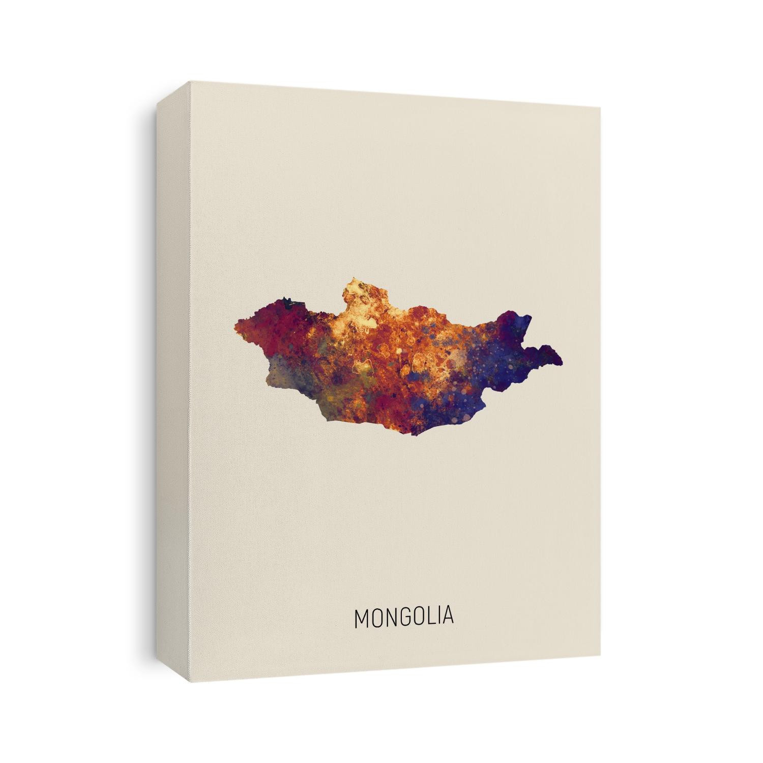A watercolor map of Mongolia