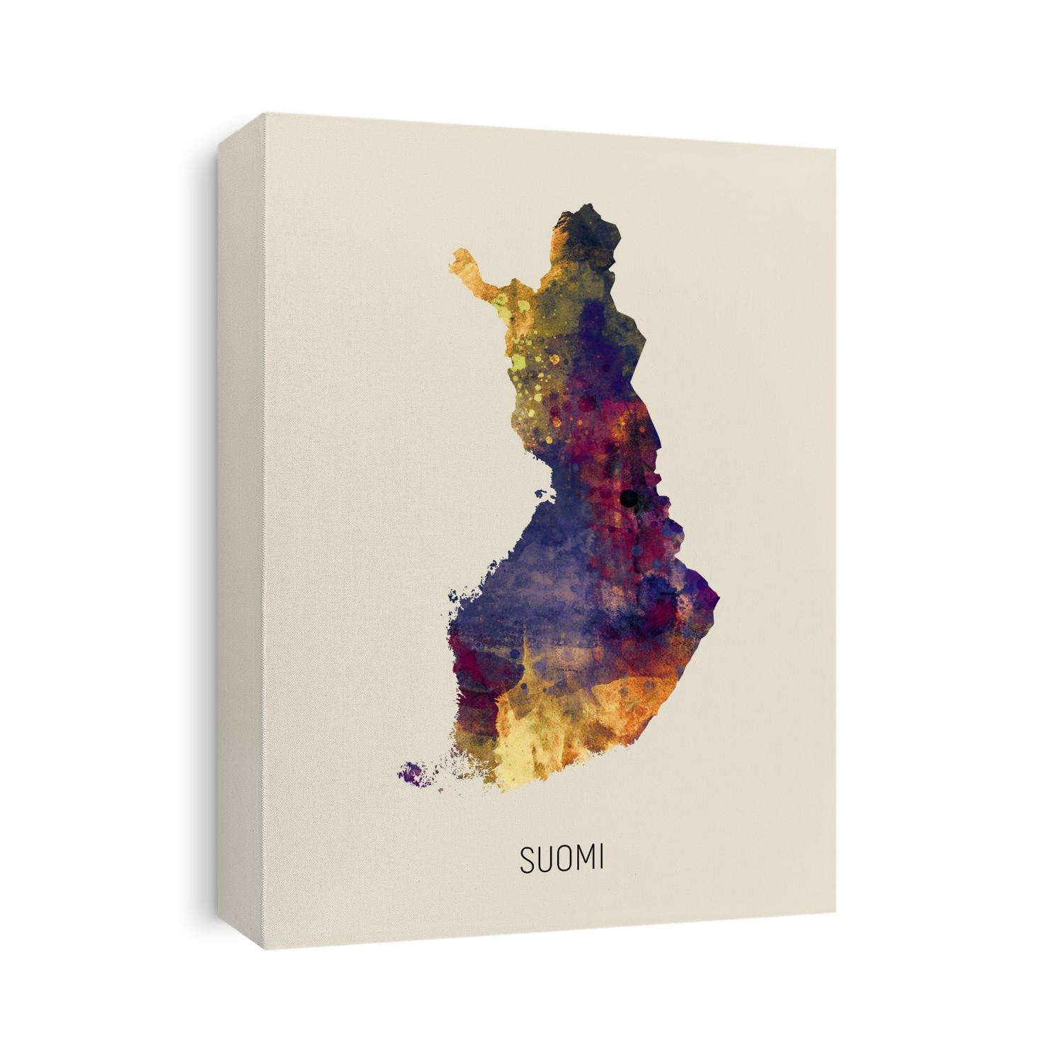 A watercolor map of Suomi