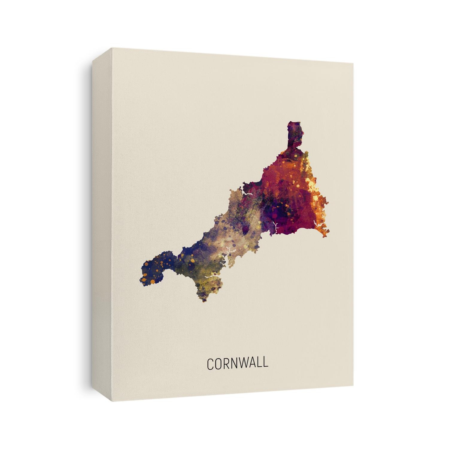 A watercolor map of Cornwall