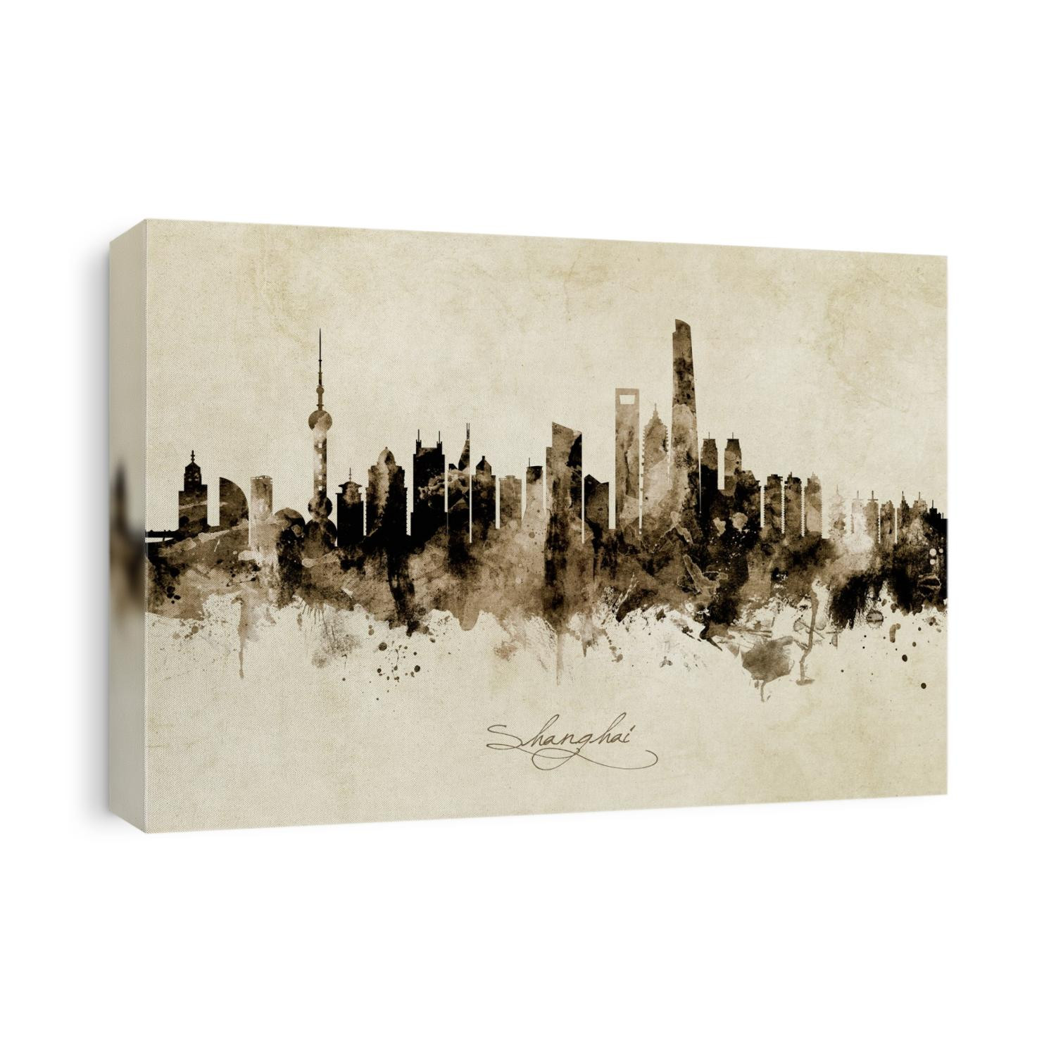 Watercolor art print of the skyline of Shanghai, China