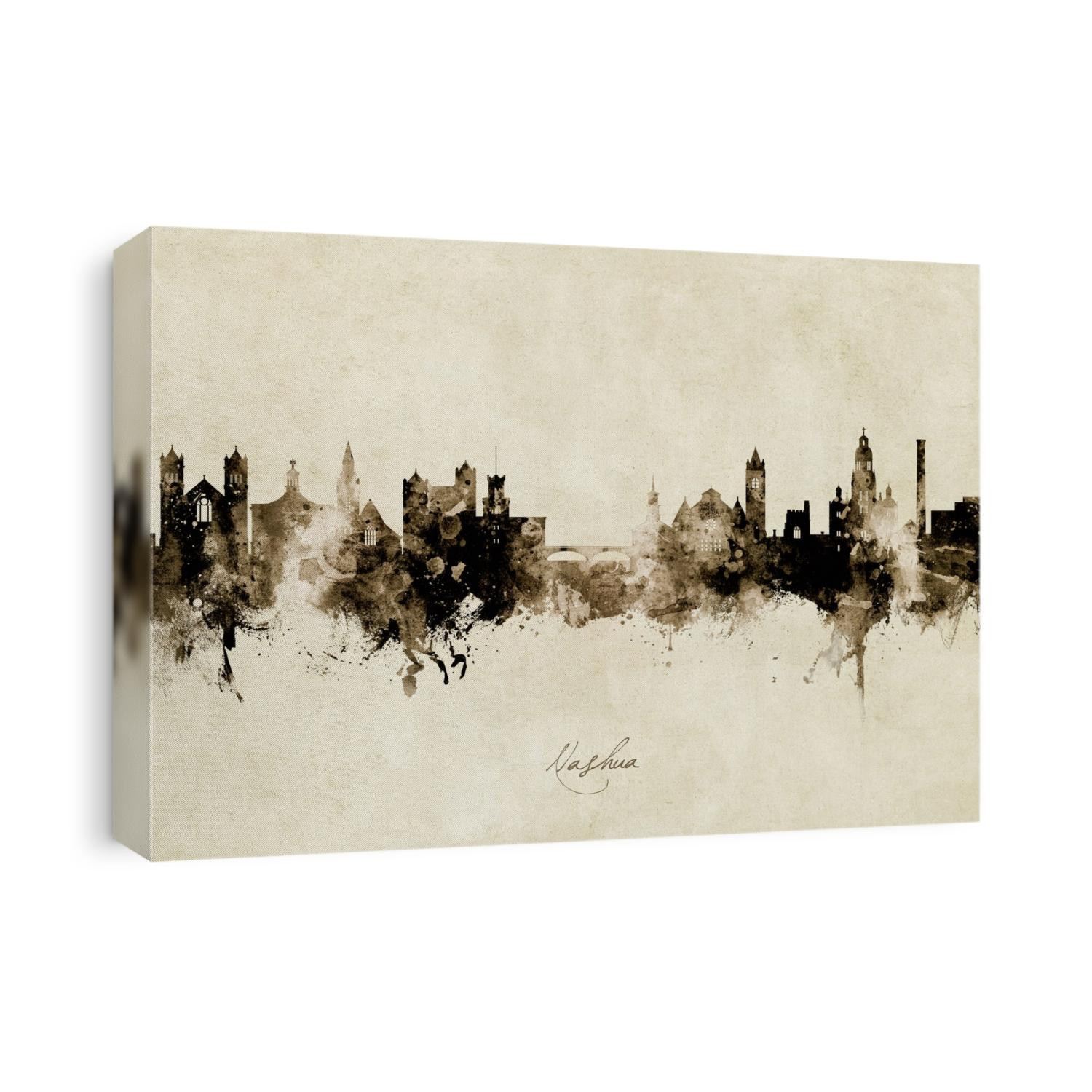 Watercolor art print of the skyline of Nashua, New Hampshire