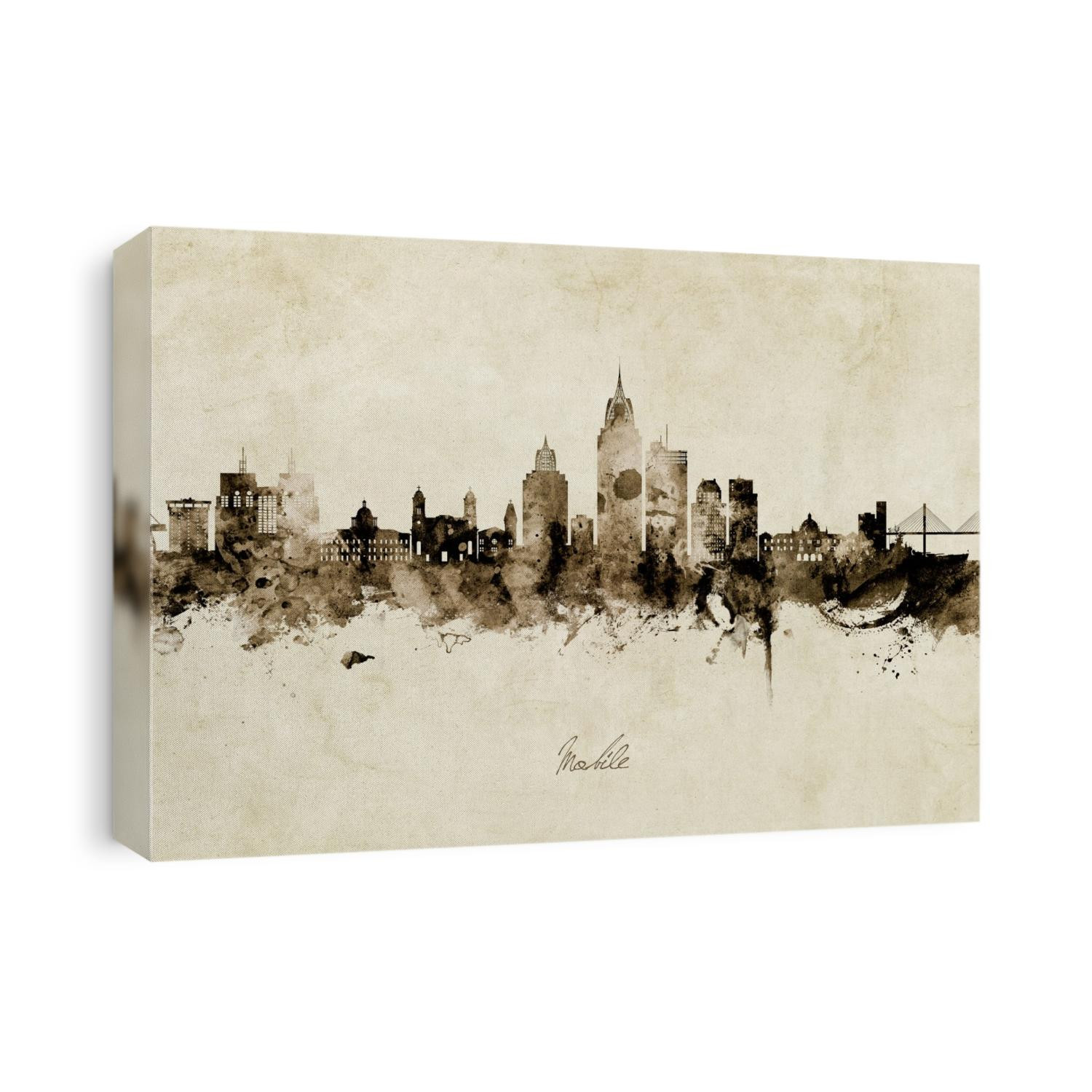Watercolor art print of the skyline of Mobile, Alabama