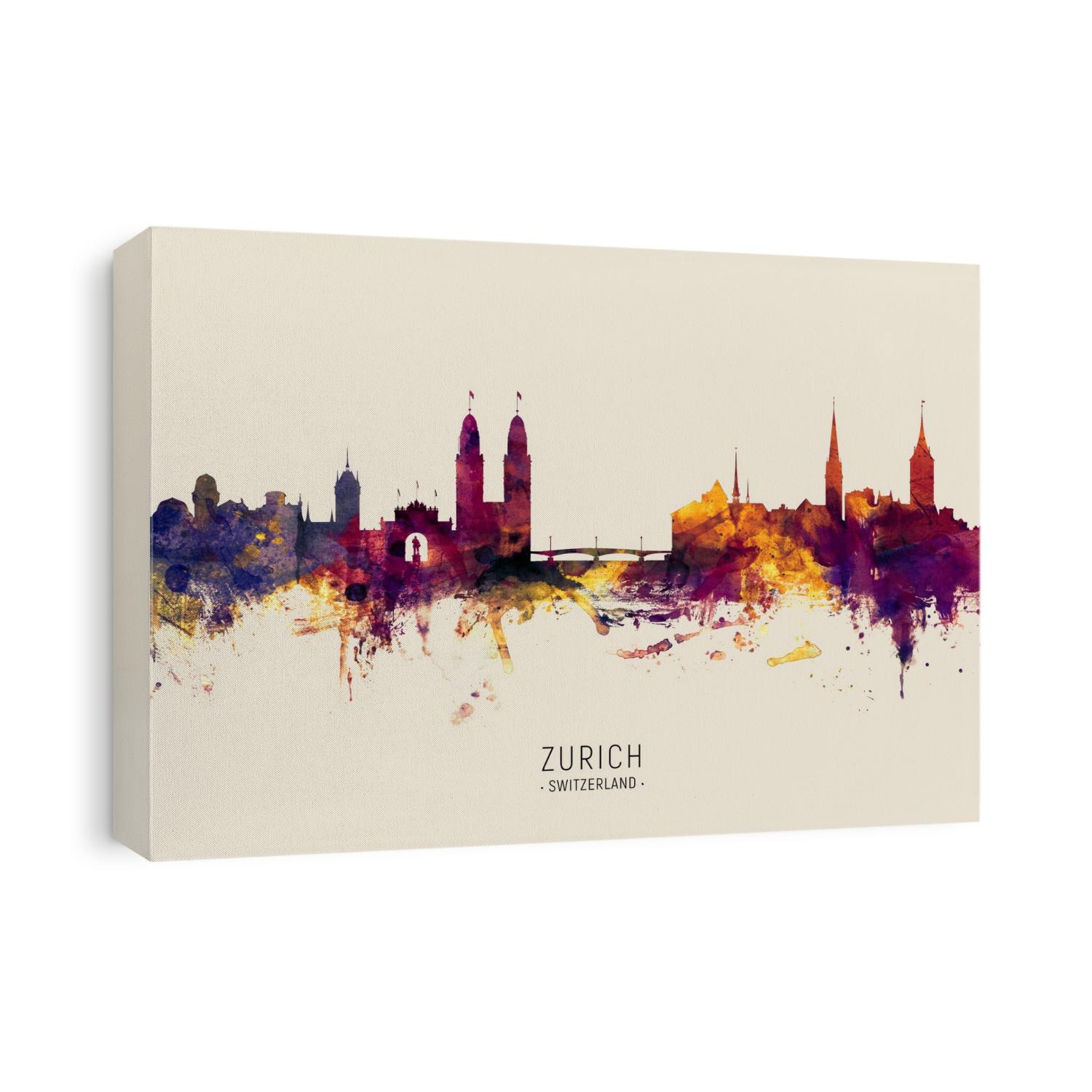 Watercolor art print of the skyline of Zurich, Switzerland