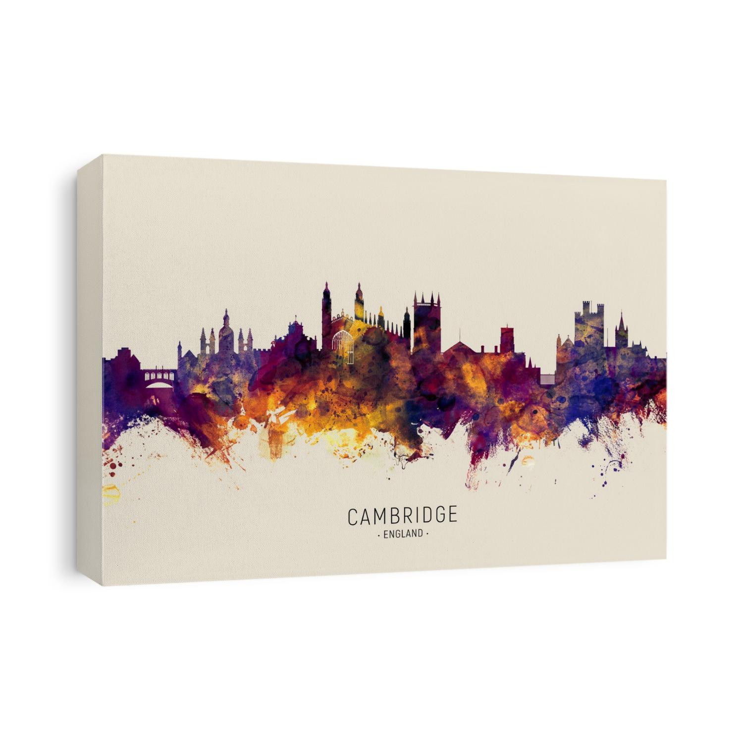 Watercolor art print of the skyline of Cambridge, England, United Kingdom