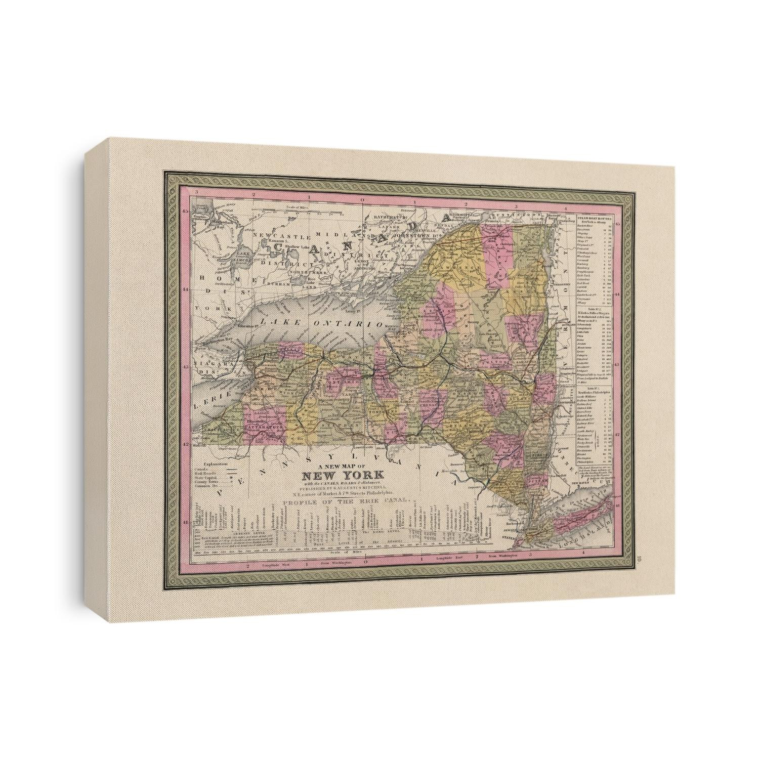 Old map of New York State from 1849 by Samuel Augustus Mitchell.