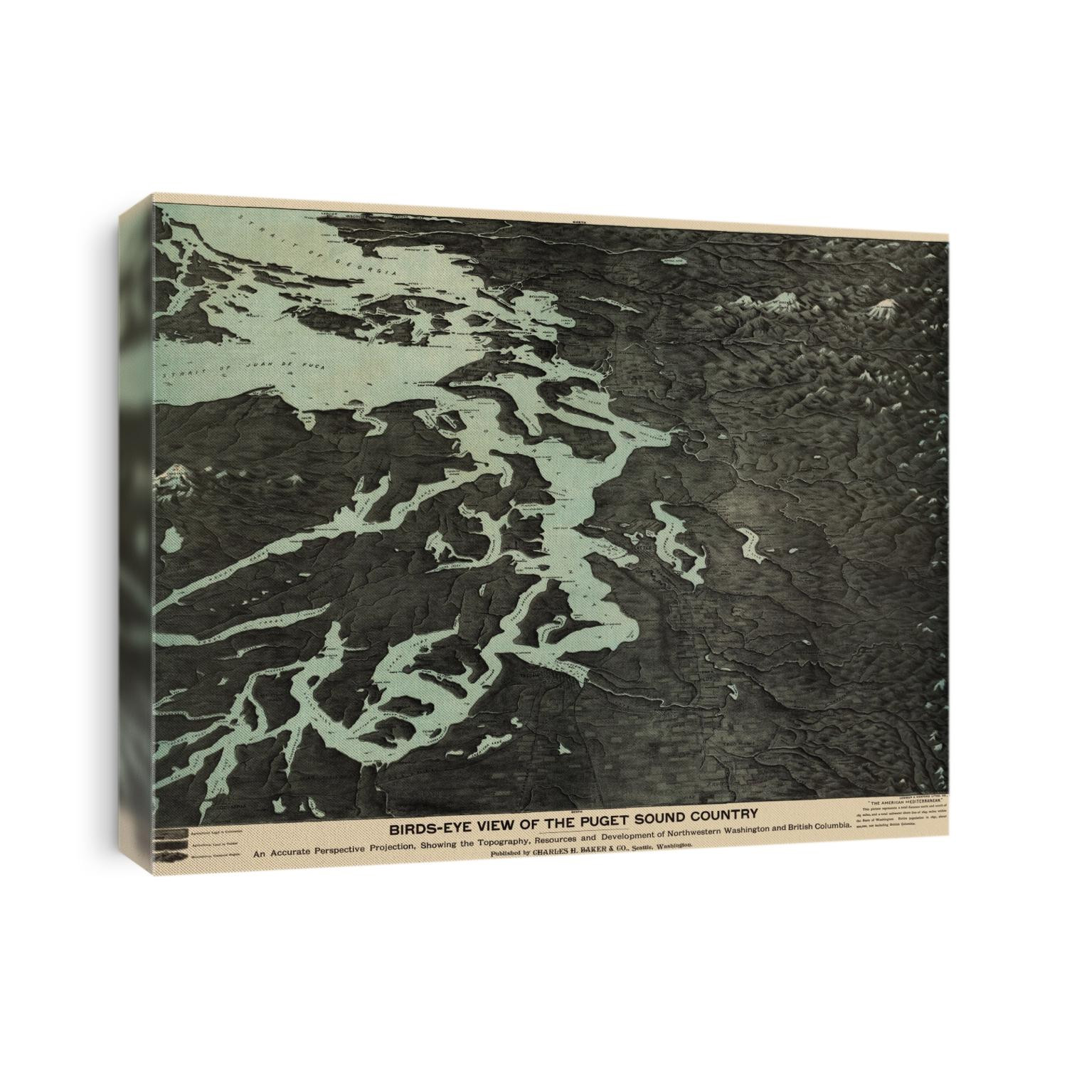 Old bird's eye view map of Puget Sound, Washington State from 1891 by Charles H. Baker and Co.