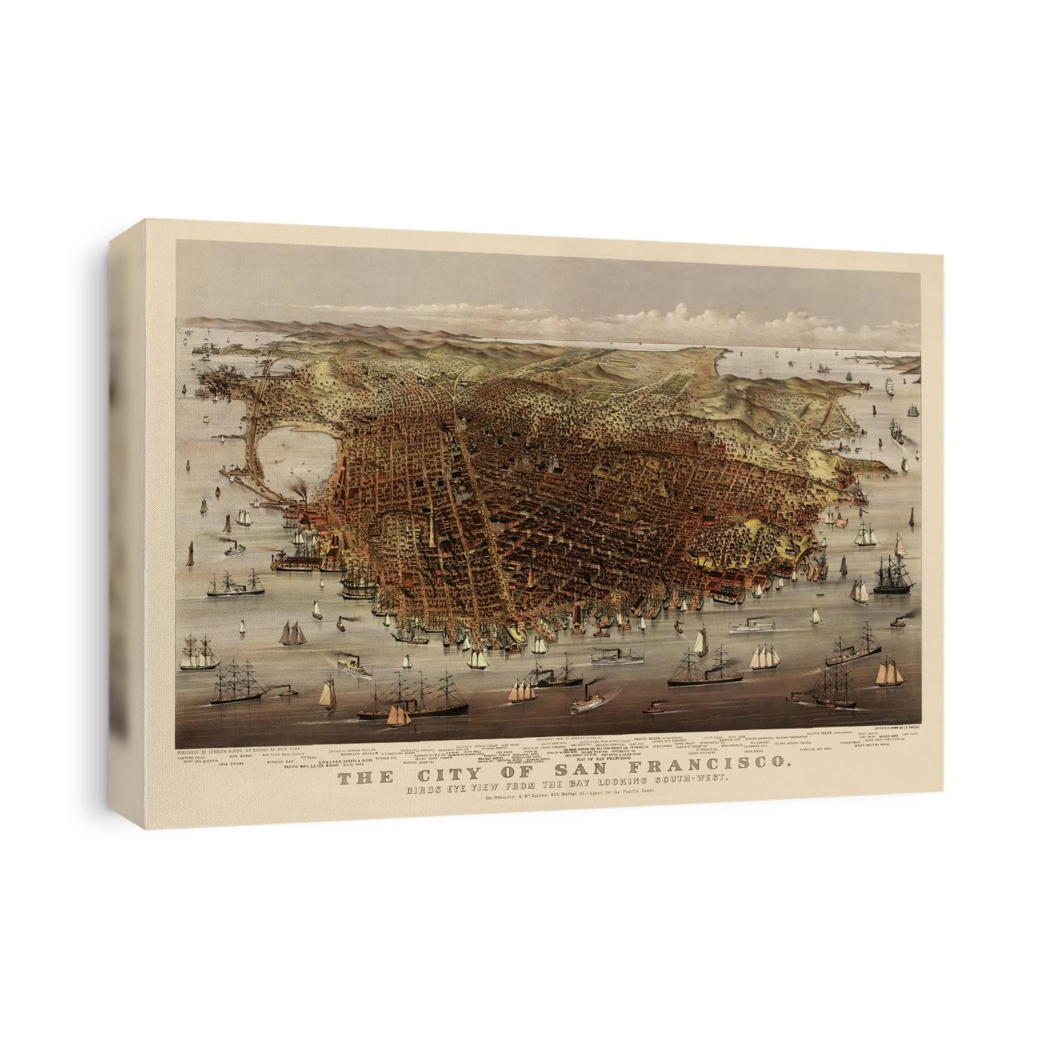 Old bird's eye view map of San Francisco, California from c1878 by Currier and Ives.