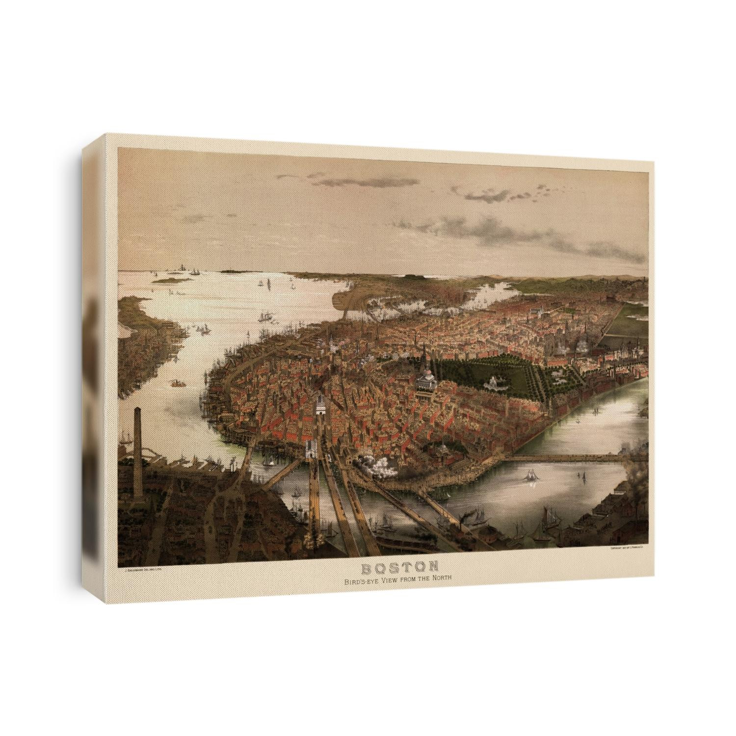 Old bird's eye view map of Boston, Massachusetts from c1877 by John Bachmann.