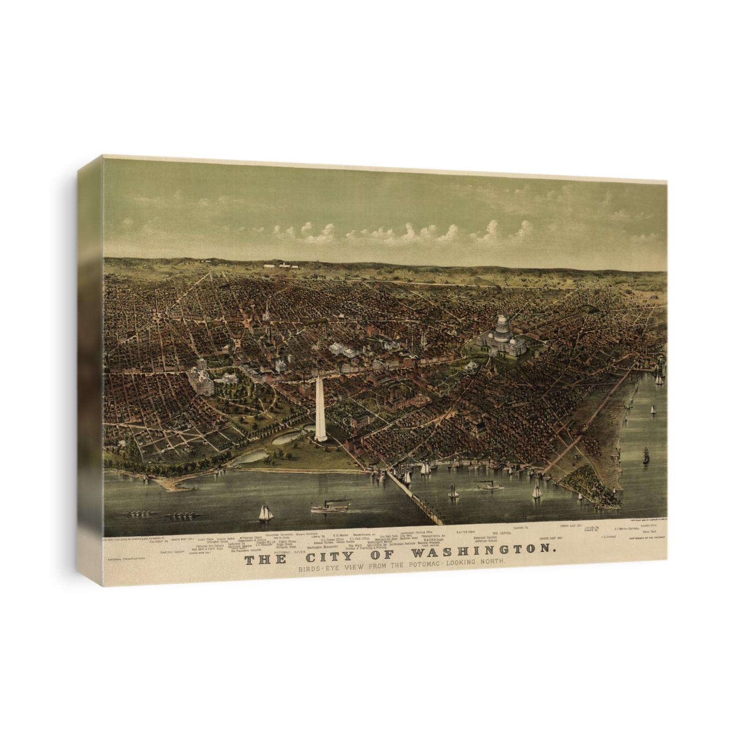 Old bird's eye view map of Washington, DC from c1892 by Currier and Ives.