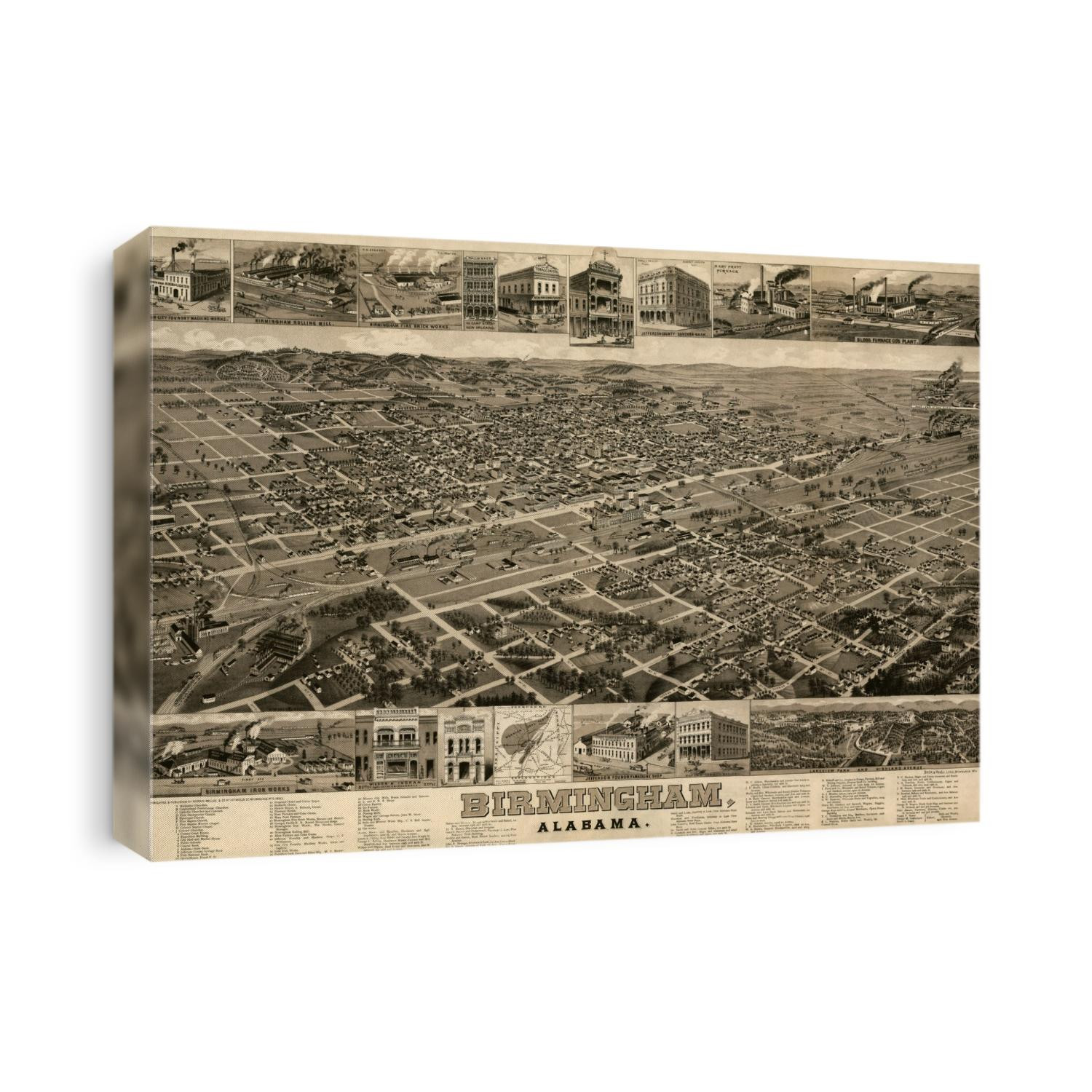 Old bird's eye view map of Birmingham, Alabama from c1885 by H. Wellge.
