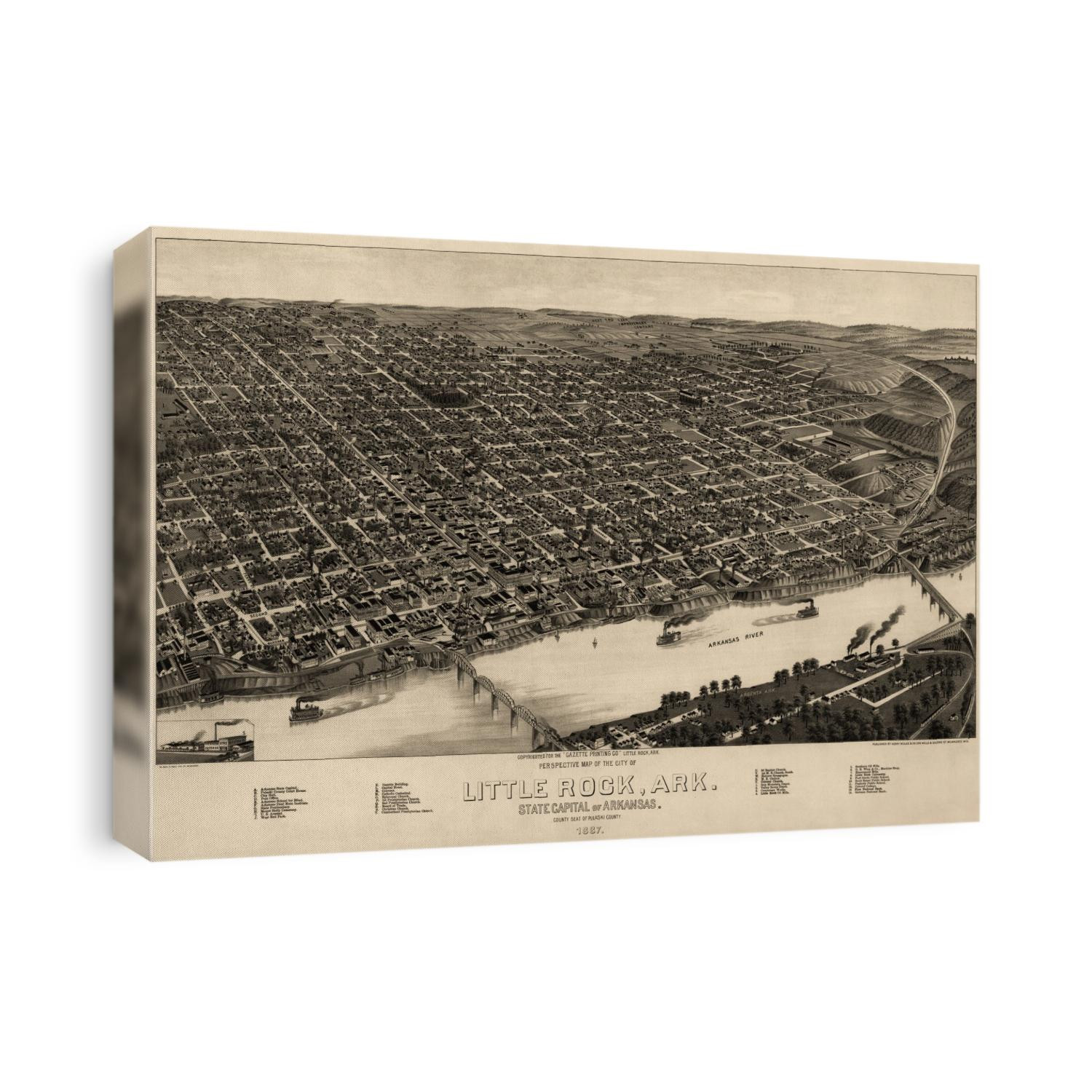 Old bird's eye view map of Little Rock, Arkansas from 1887 by H. Wellge.