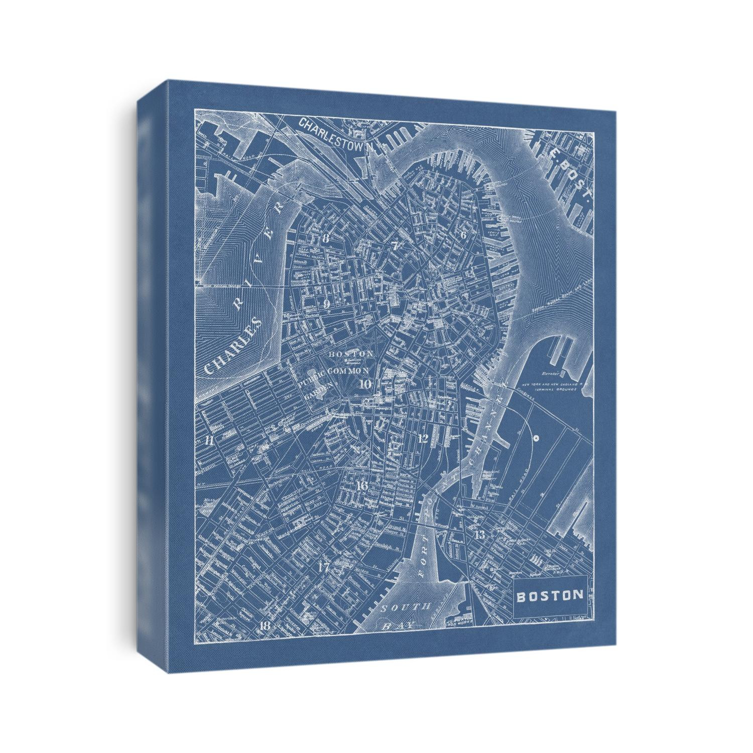 Old map of Boston, Massachusetts from 1889 in a blueprint style.