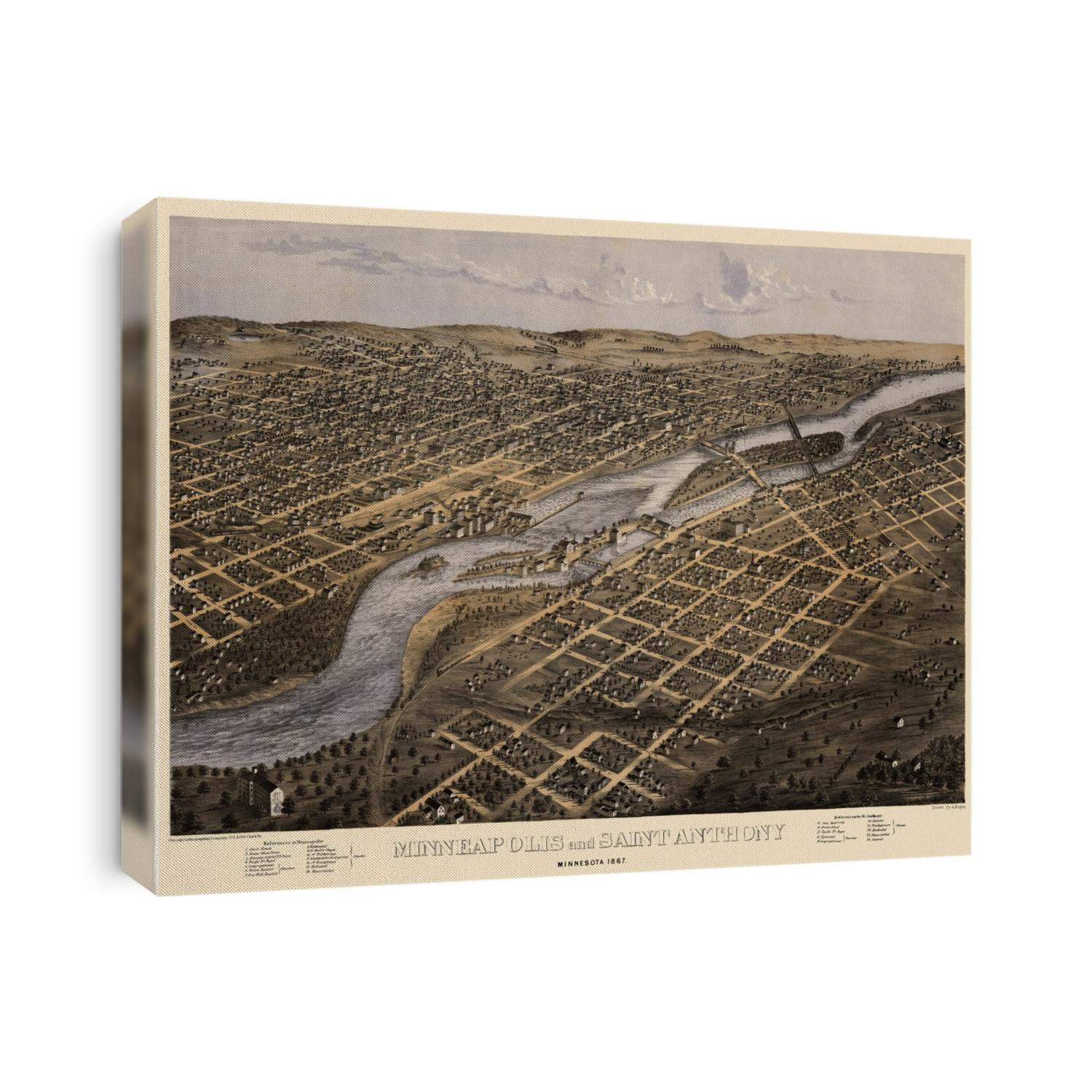 Old bird's eye view map of Minneapolis, Minnesota from 1867 by A. Ruger.