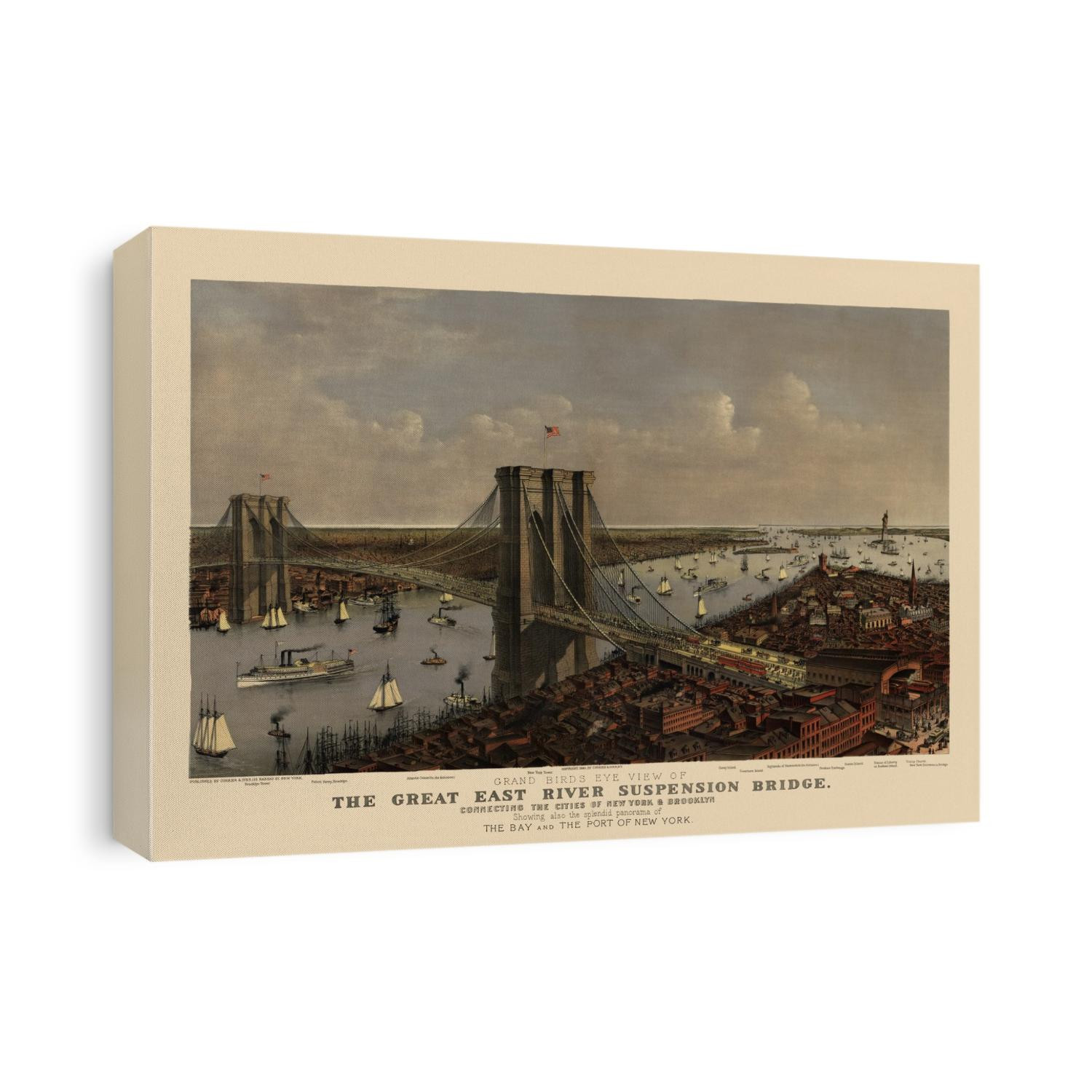 Old bird's eye view map of New York City and the Brooklyn Bridge from 1885 by Currier and Ives.