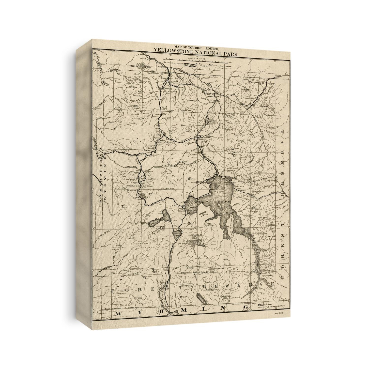 Old map of Yellowstone National Park, Wyoming from 1900 by US War Department.