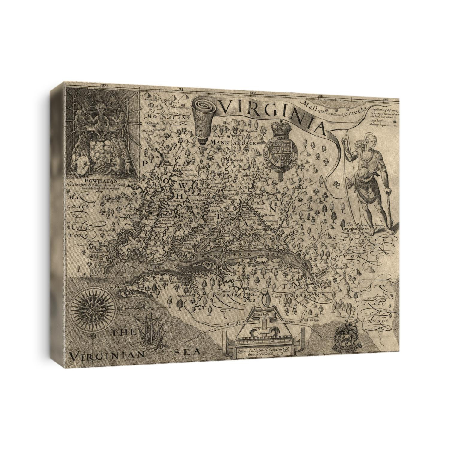 Old map of Maryland and Virginia from 1624 by John Smith.
