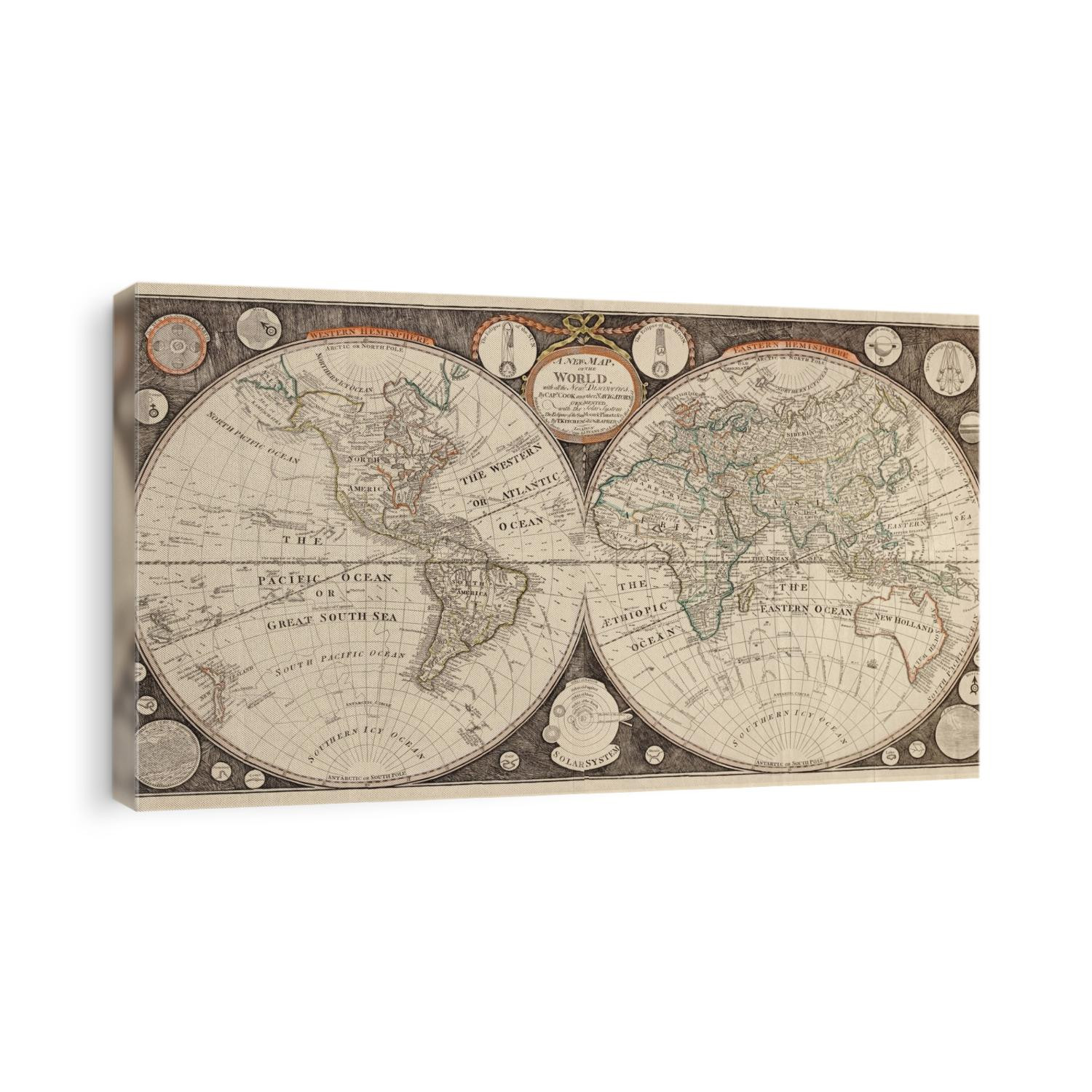 Old map of the world from 1799 by Thomas Kitchen junior.