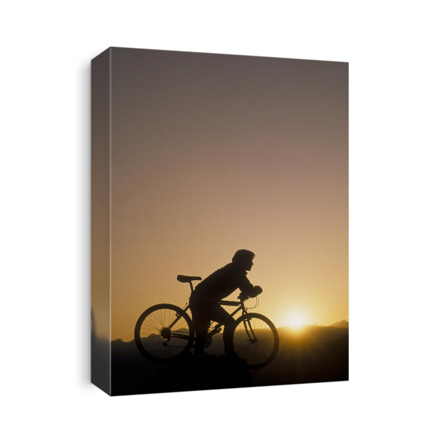 Silhouette of mountain biker at the summit during sunrise.