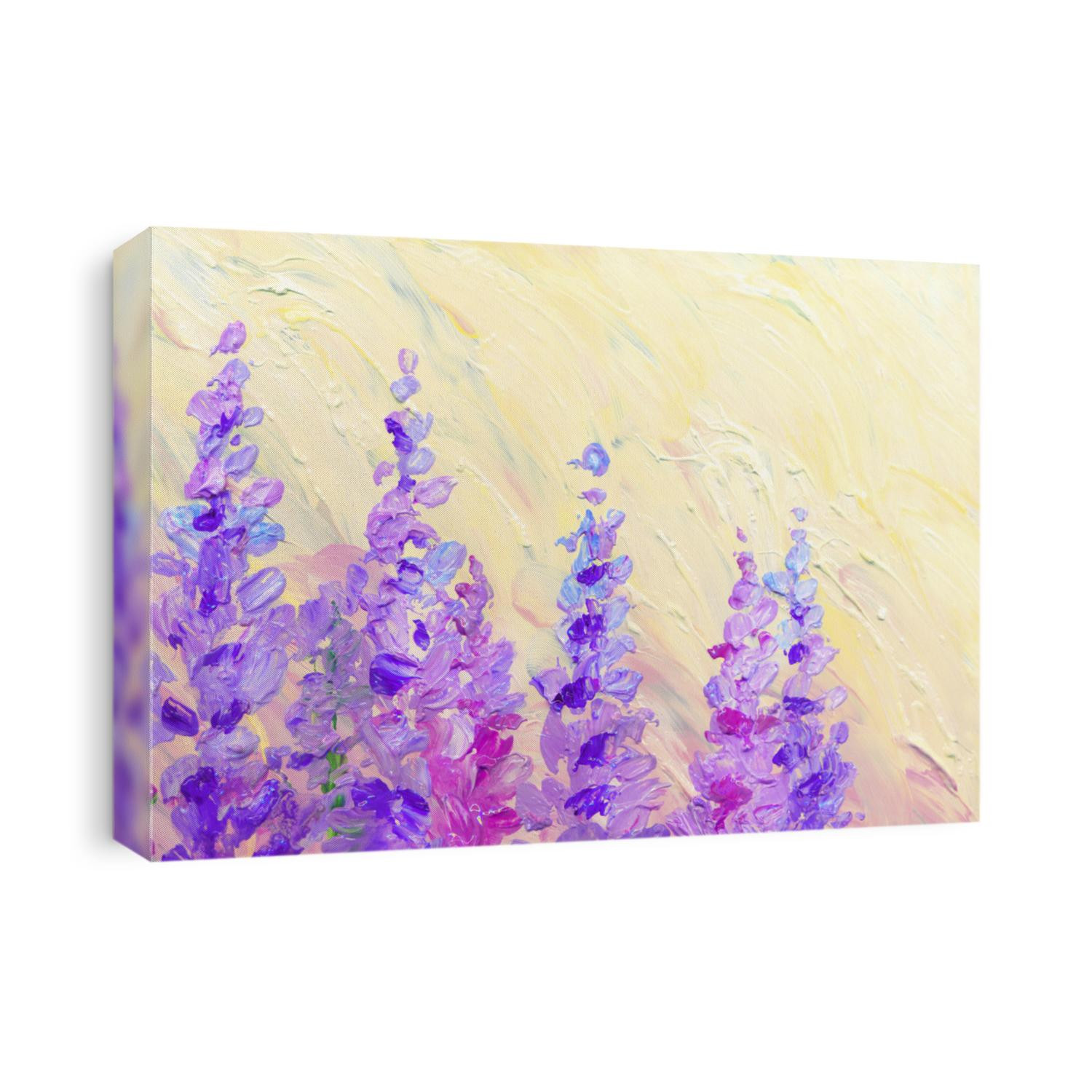Bright gouache paint summer pattern view. Vibrant lavender hand drawn acrylic on light paper in retro canvas brush artwork card style. Delicate magenta color fresh bush branch on pink sunset sky scene