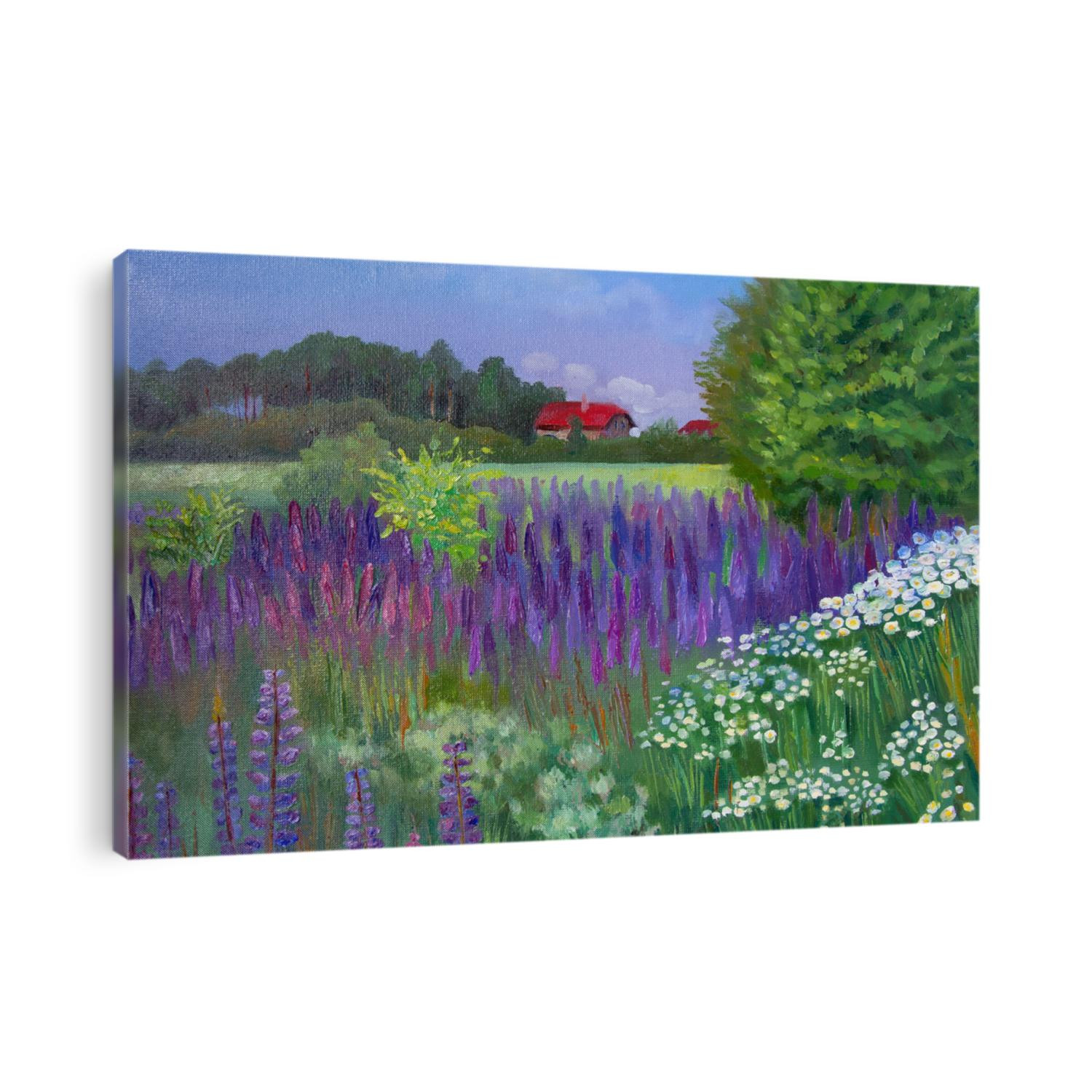 Colorful landscape with lupins and a house with a red roof. Painting hand-drawn oil illustration. Oil painting on canvas.