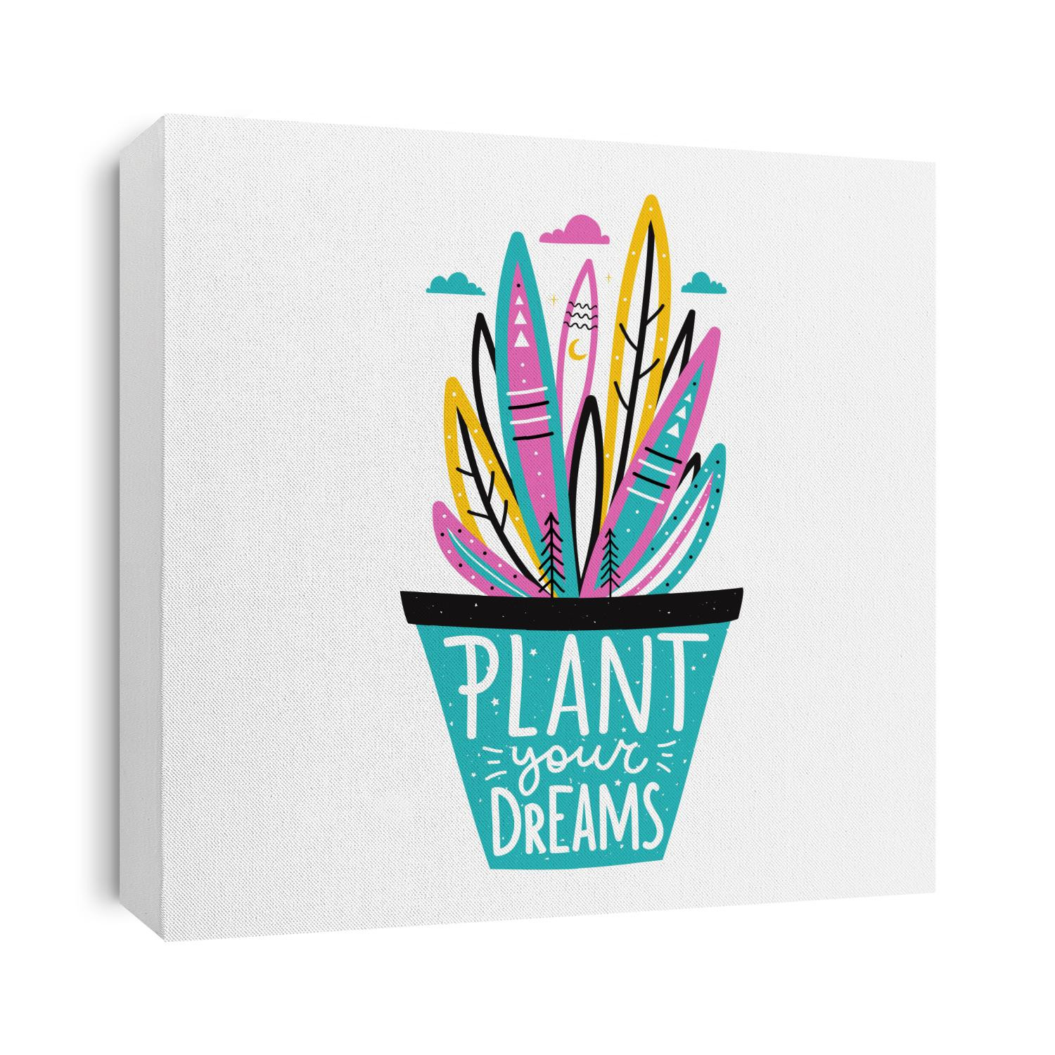 Vector illustration of colored leaf, blue pot and inspirational lettering quote - plant your dreams. Clouds, stars and triangle doodle decorations. Motivation typography poster, apparel print design