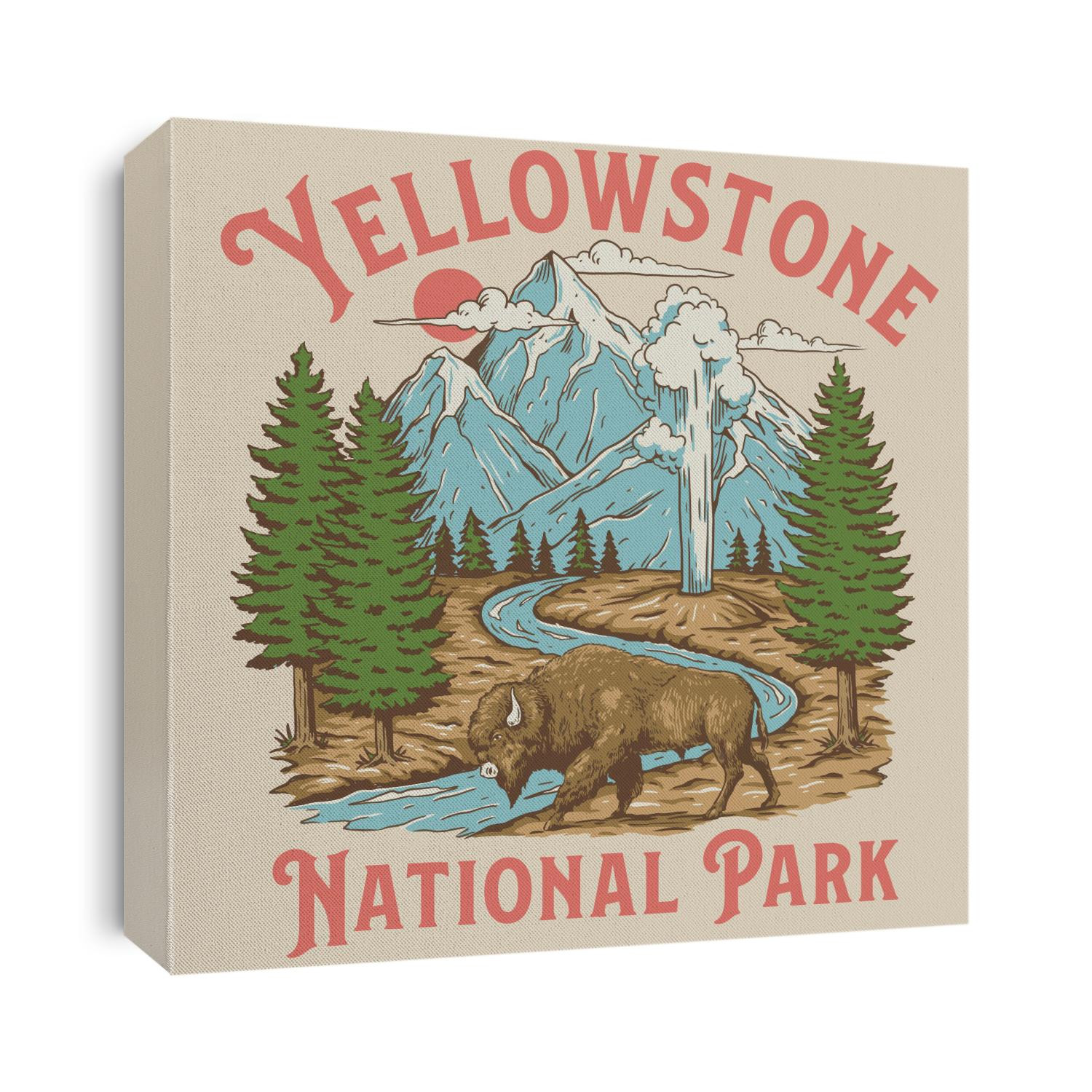 Vintage Yellowstone National Park Bison Mountain Geyser Scene