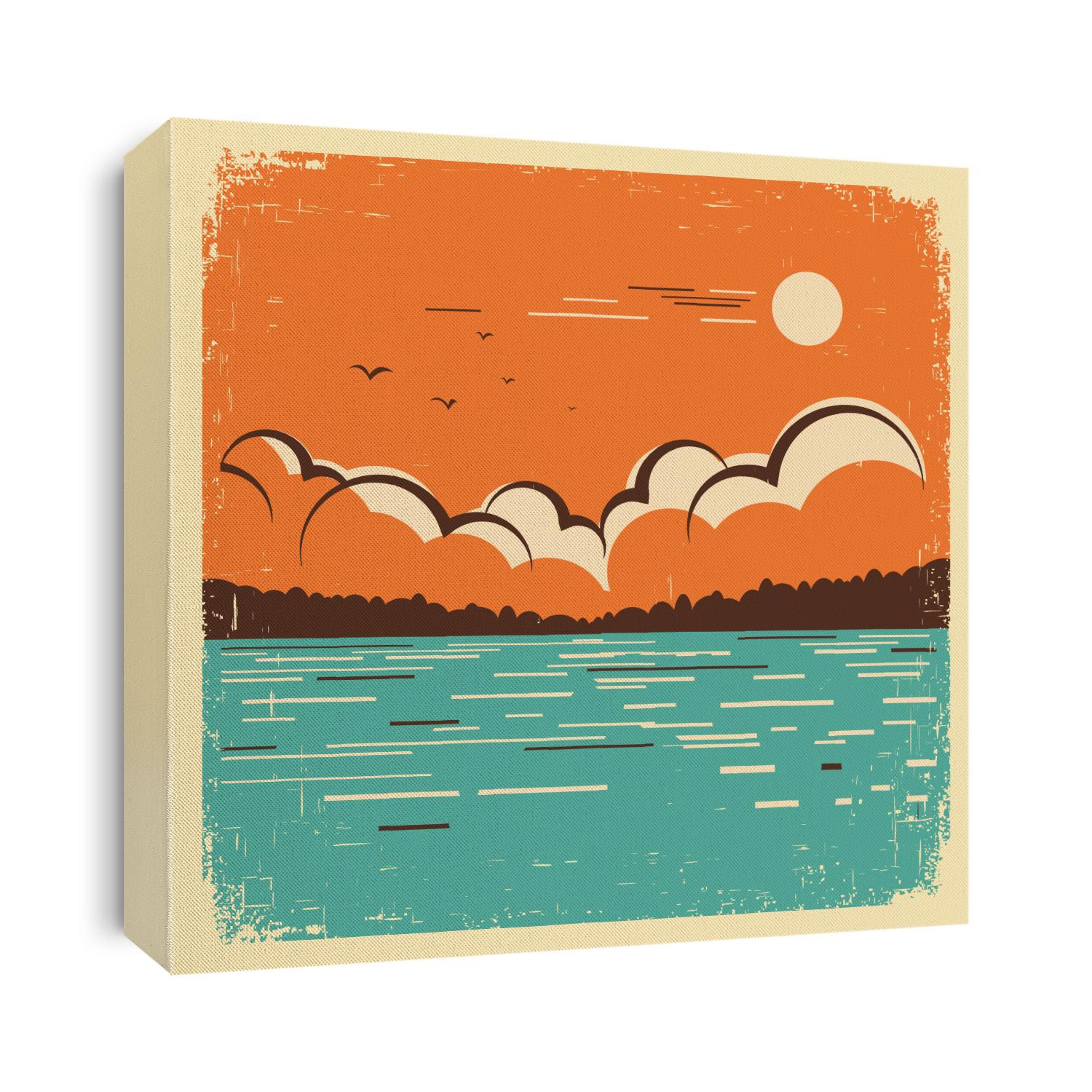 blue lake nature landscape on old paper texture.Vector vintage poster