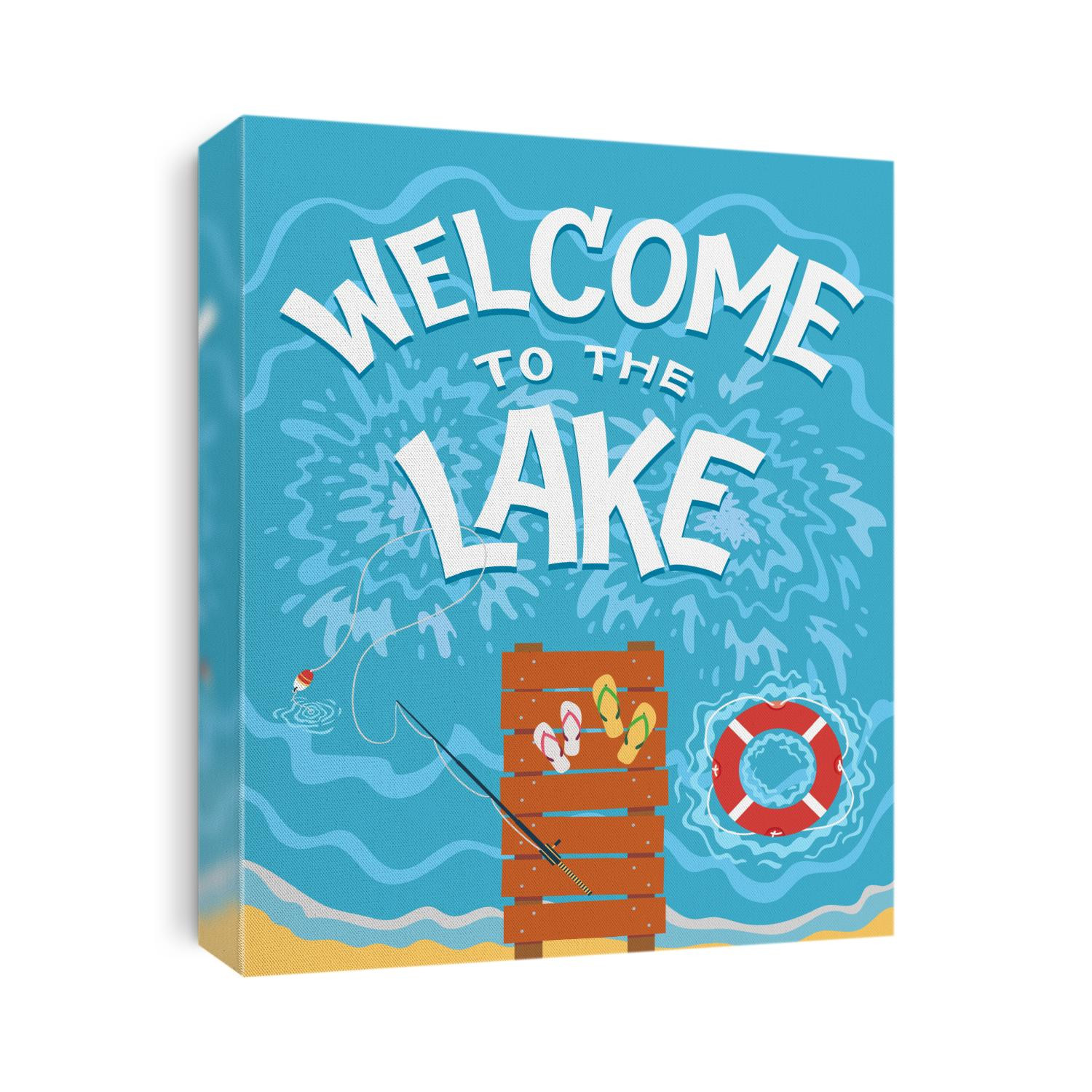 Welcome to the lake. Top view of the bridge on the lake. Hand drawn typography illustration on flat graphic background