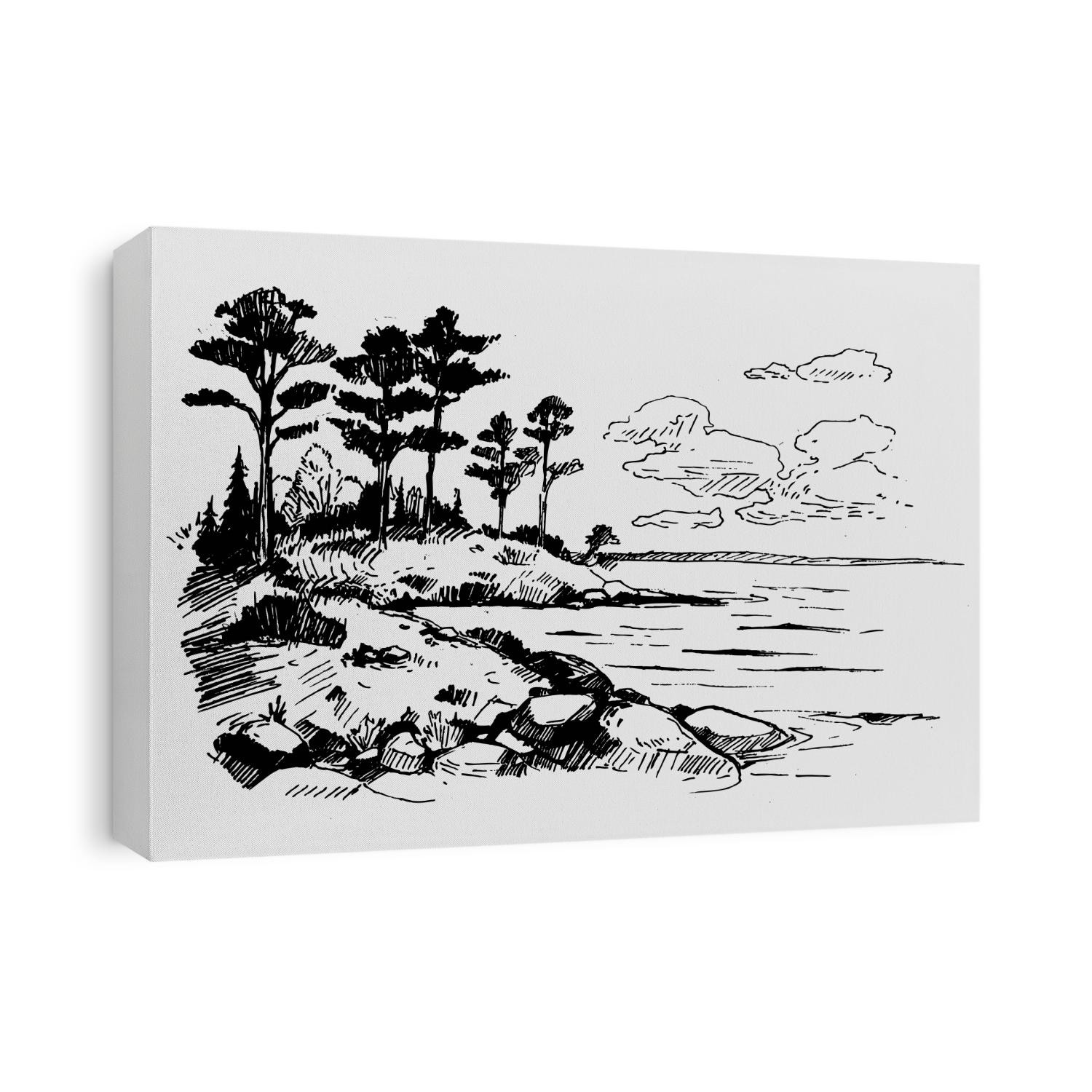 Rock with pines on the lake. Hand drawn illustration converted to vector