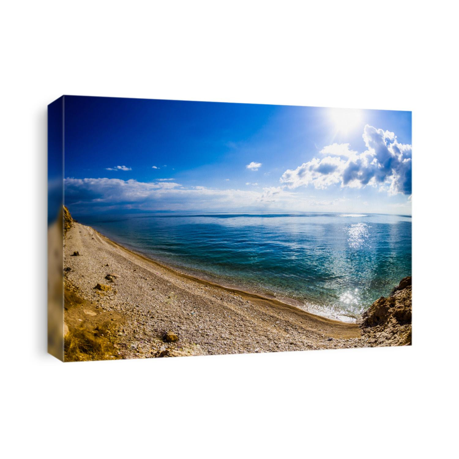 Lake shore at the foot of the mountain. Mountain lake beach landscape. Lake beach in mountains