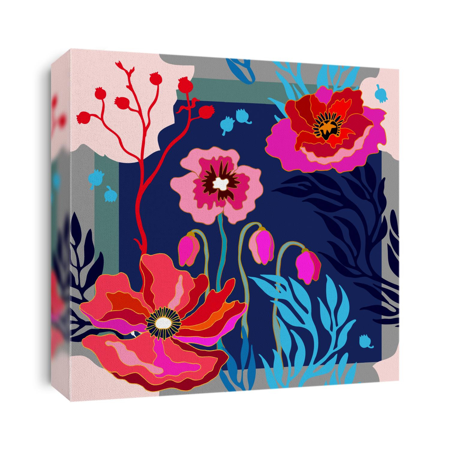 Autumn colors. Silk scarf with blooming poppies. Abstract seamless vector pattern with hand drawn floral elements. 1950s-1960s motifs. Retro textile design collection. Red, blue, pink on dark blue.