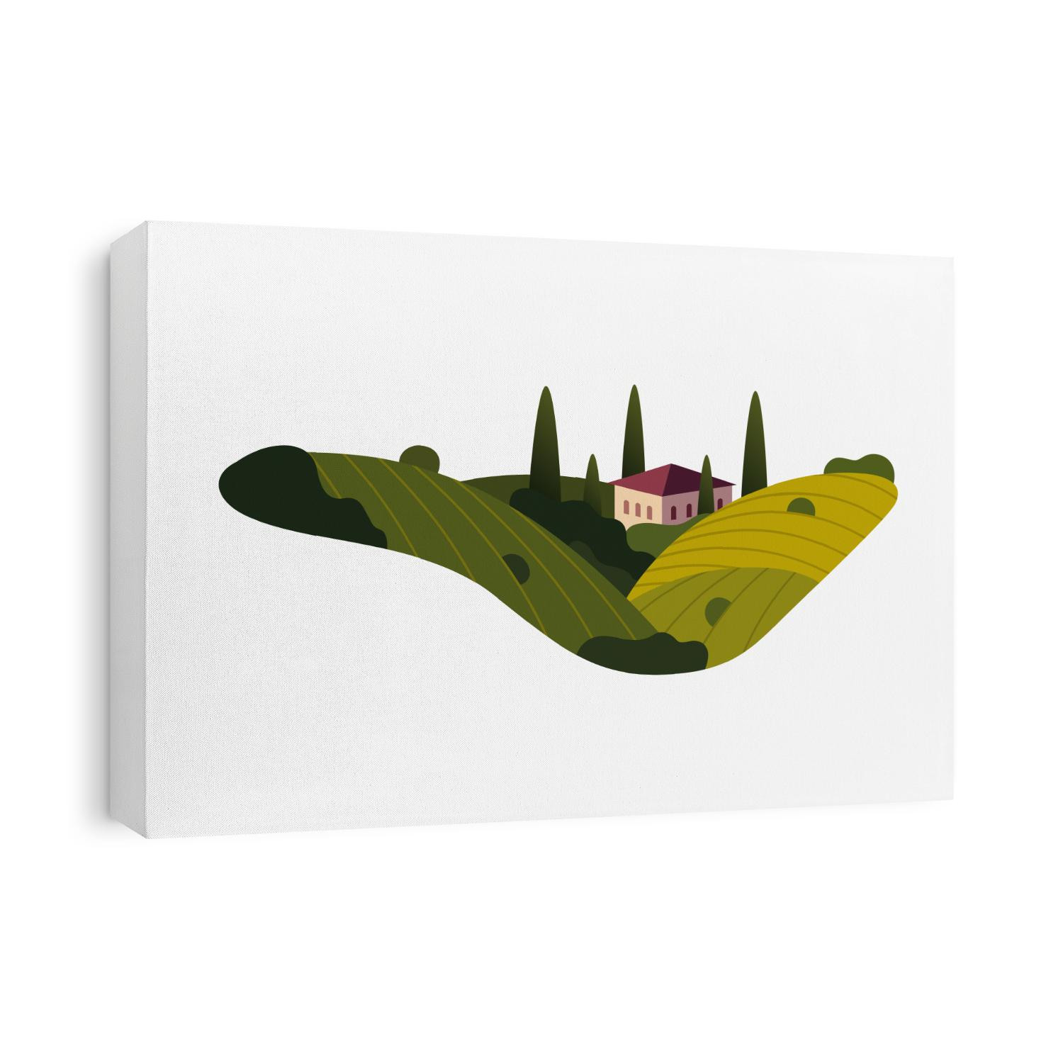 Vineyard wine grapes hills farm banner concept sign. Romantic rural landscape in sunny day with villa, vineyard fields, plantation hills, farms, meadows and trees. Vector color creative illustration