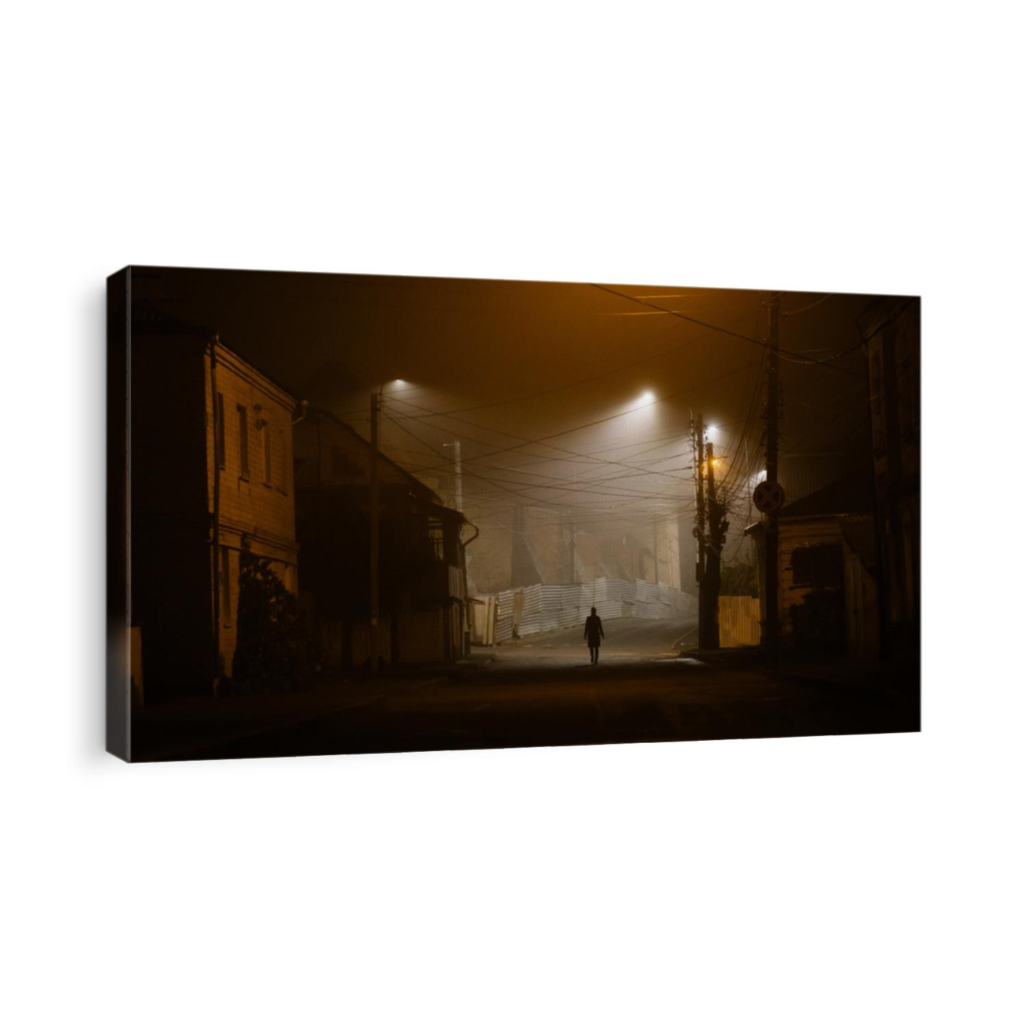 Lonely woman walking in foggy old city with street lights in a coat