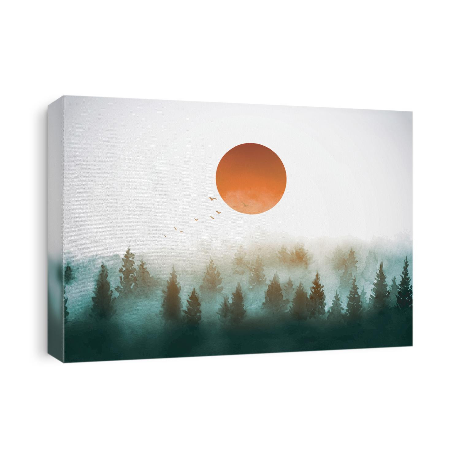Red sun over the green misty forest trees. Traditional oriental ink painting sumi-e, u-sin, go-hua. Hieroglyph - happiness