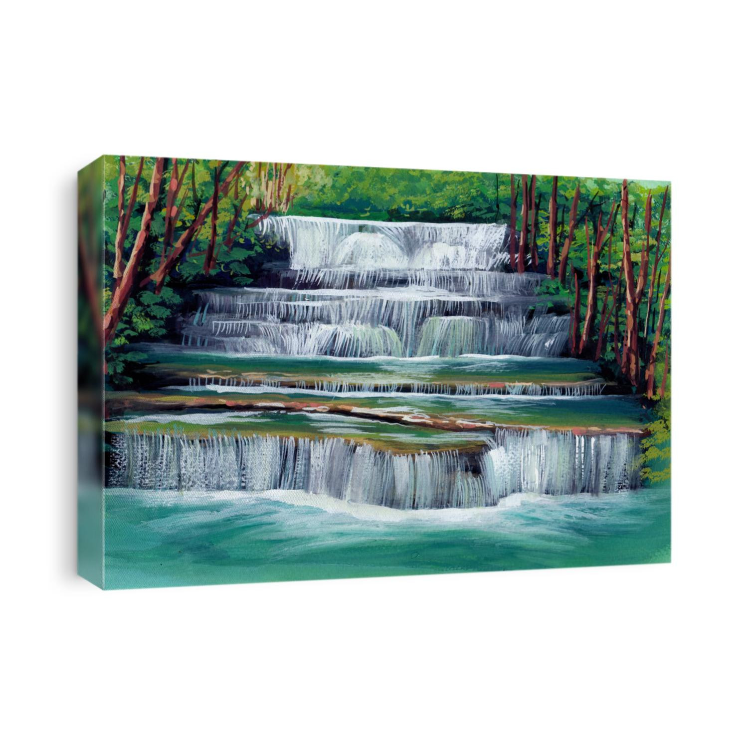 Beautiful waterfall among the fresh greenery in tropical forest hand painting by poster color