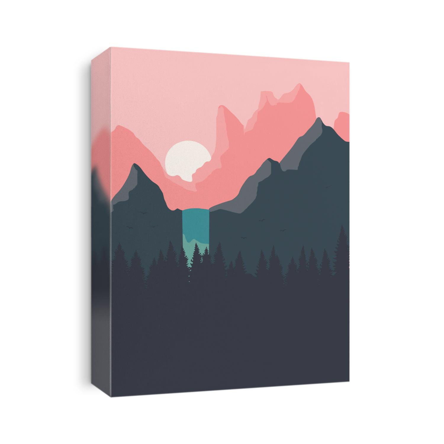 Beautiful landscape with sunset, waterfall, and forest on the background of mountains. Flat design. Vector illustration. Eps 10.
