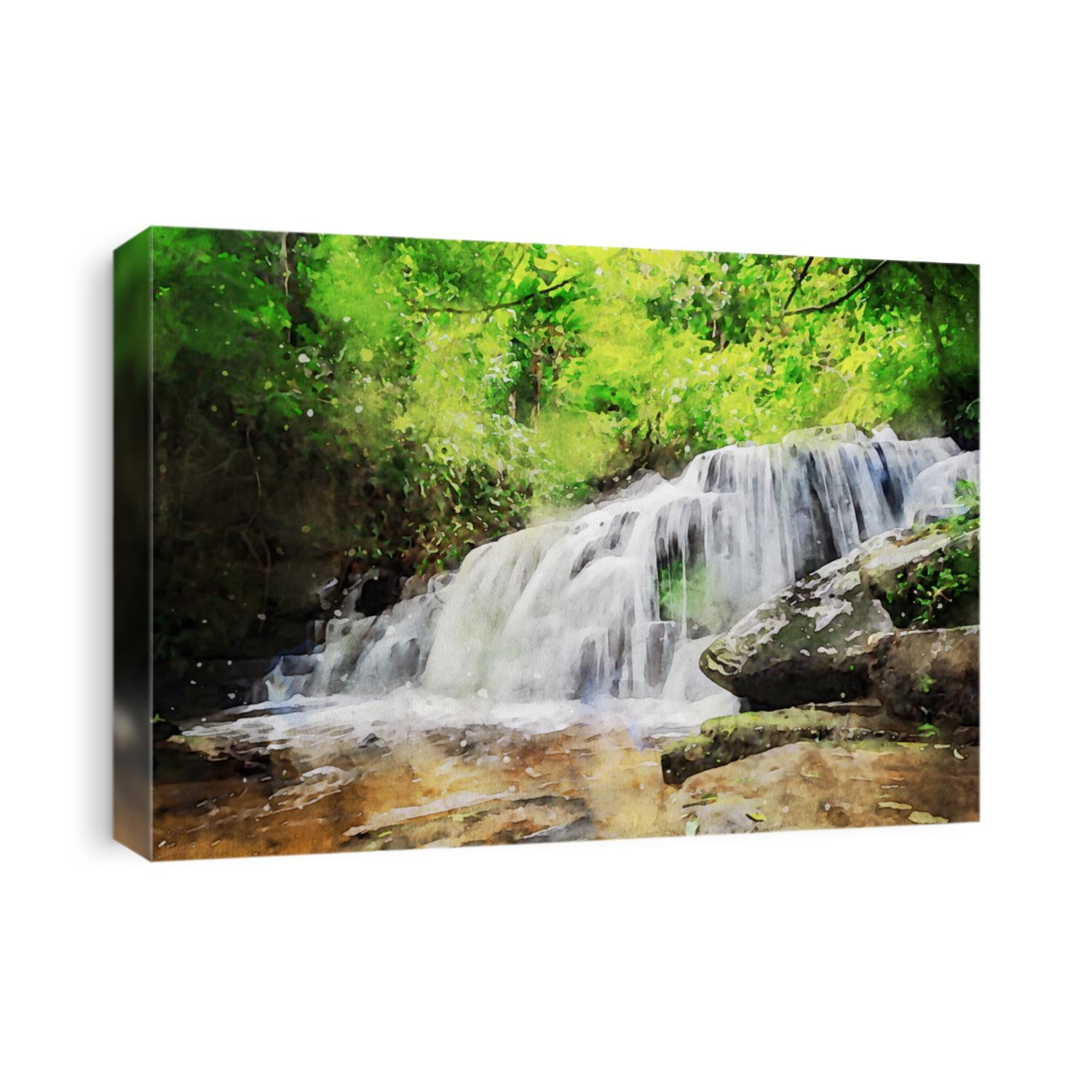 Abstract painting of waterfall, nature landscape image, digital watercolor illustration, art for background