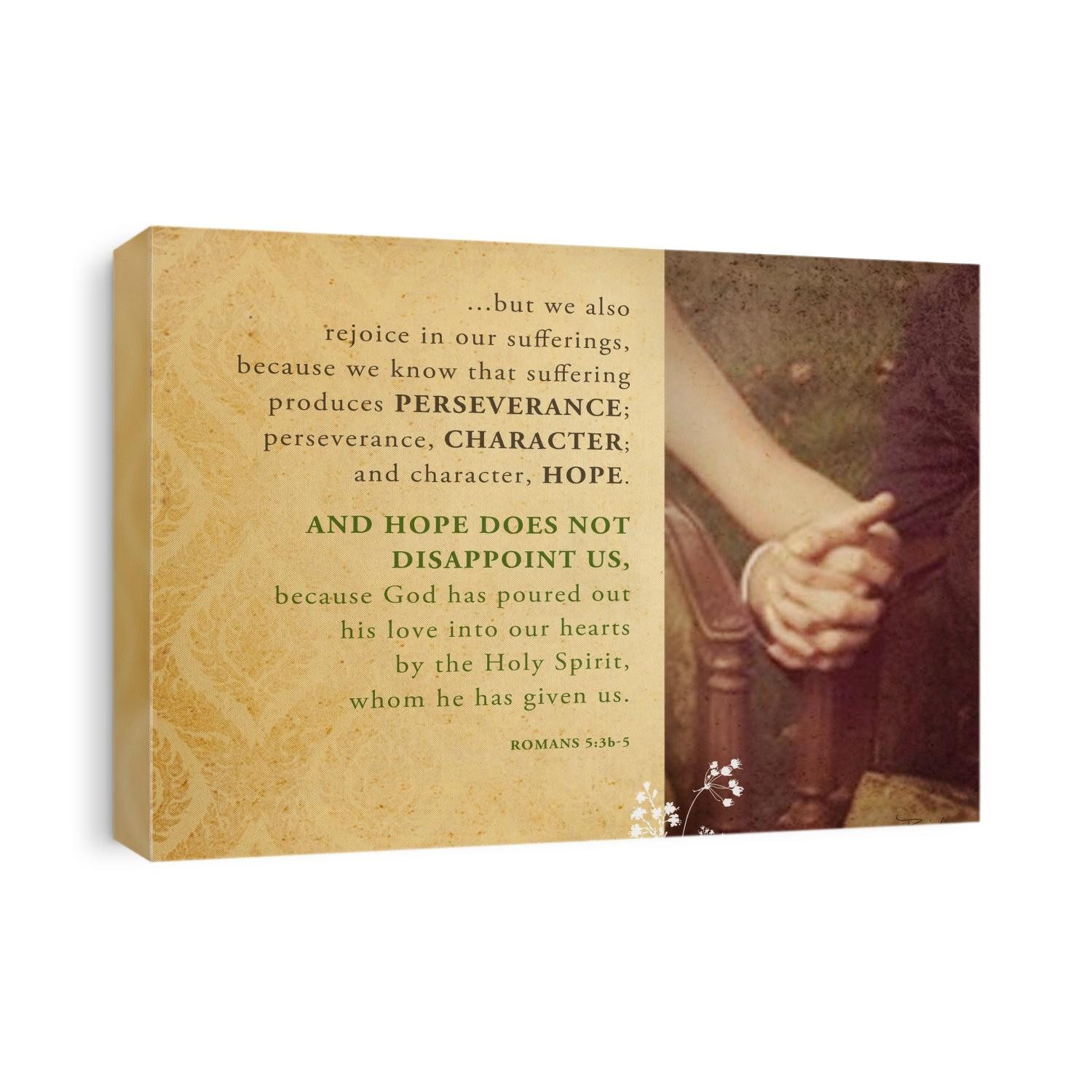Vintage couple holding hands on gold background with Romans 5:3b-5
