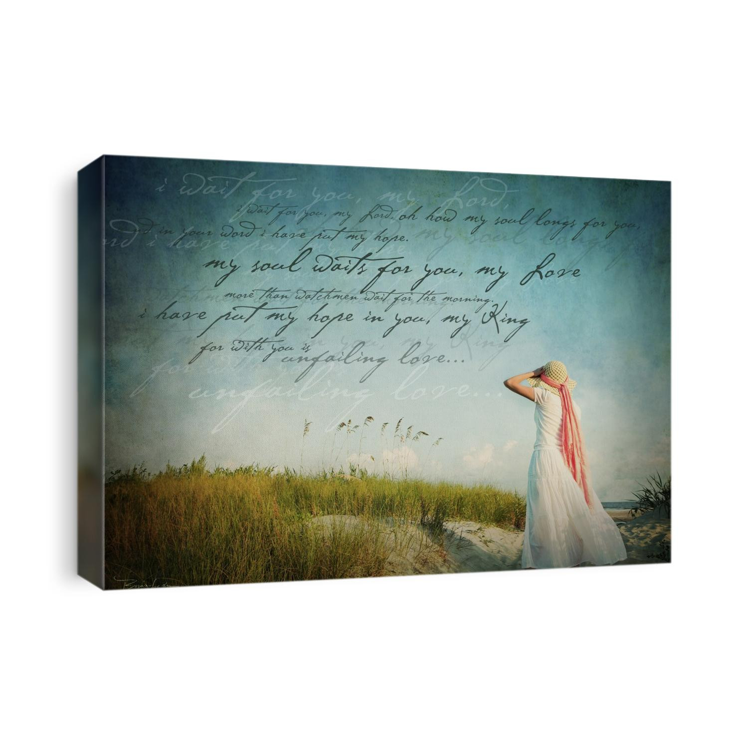 Three-toned text on grassy beach with woman looking into the sky and Psalm 130:5-7