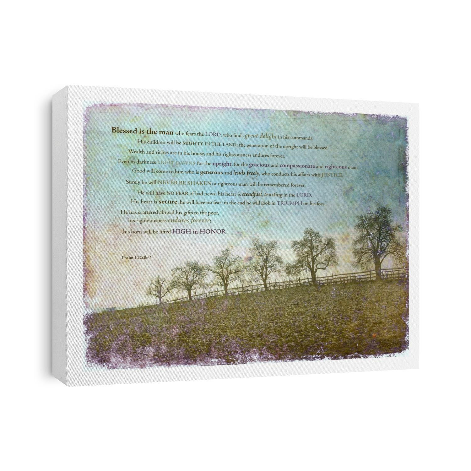 Vintage tree lined fence against a blue sky with Psalm 112