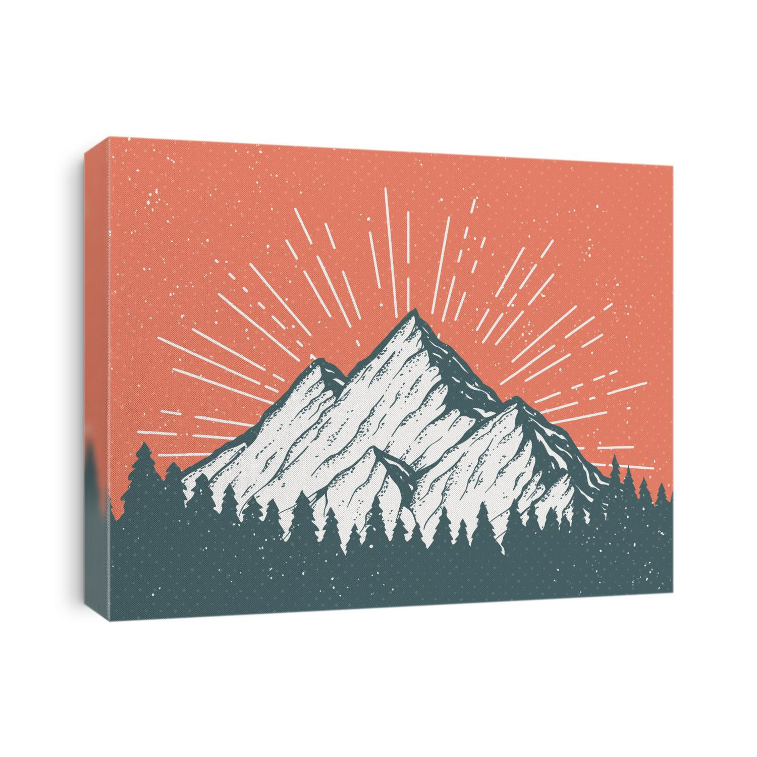 Vintage vector postcard with a mountain and woods. Pine forest in front of an icy white peak. Cool tourism card or banner design template.