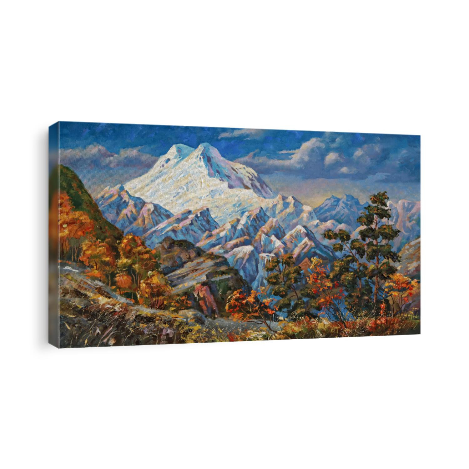 Autumn view of the two-headed mountain Elbrus. Mountain autumn landscape in bright and juicy tones. Painting: oil on canvas. 