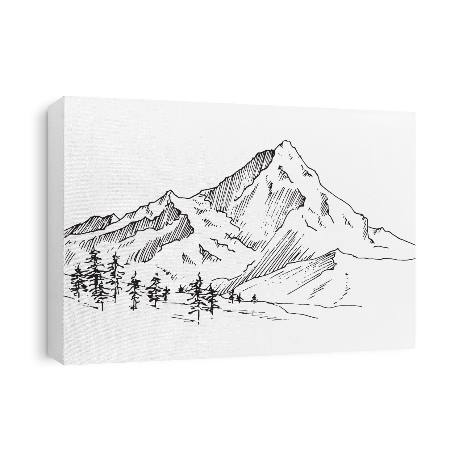 Hand drawn vector landscape with mountains, trees  in the mountains. Perfect for banner, poster and sticker design.